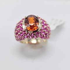 Large Cocktail Ring Pink Ruby & Spessartine-Orange Garnet 18 Karat White Gold