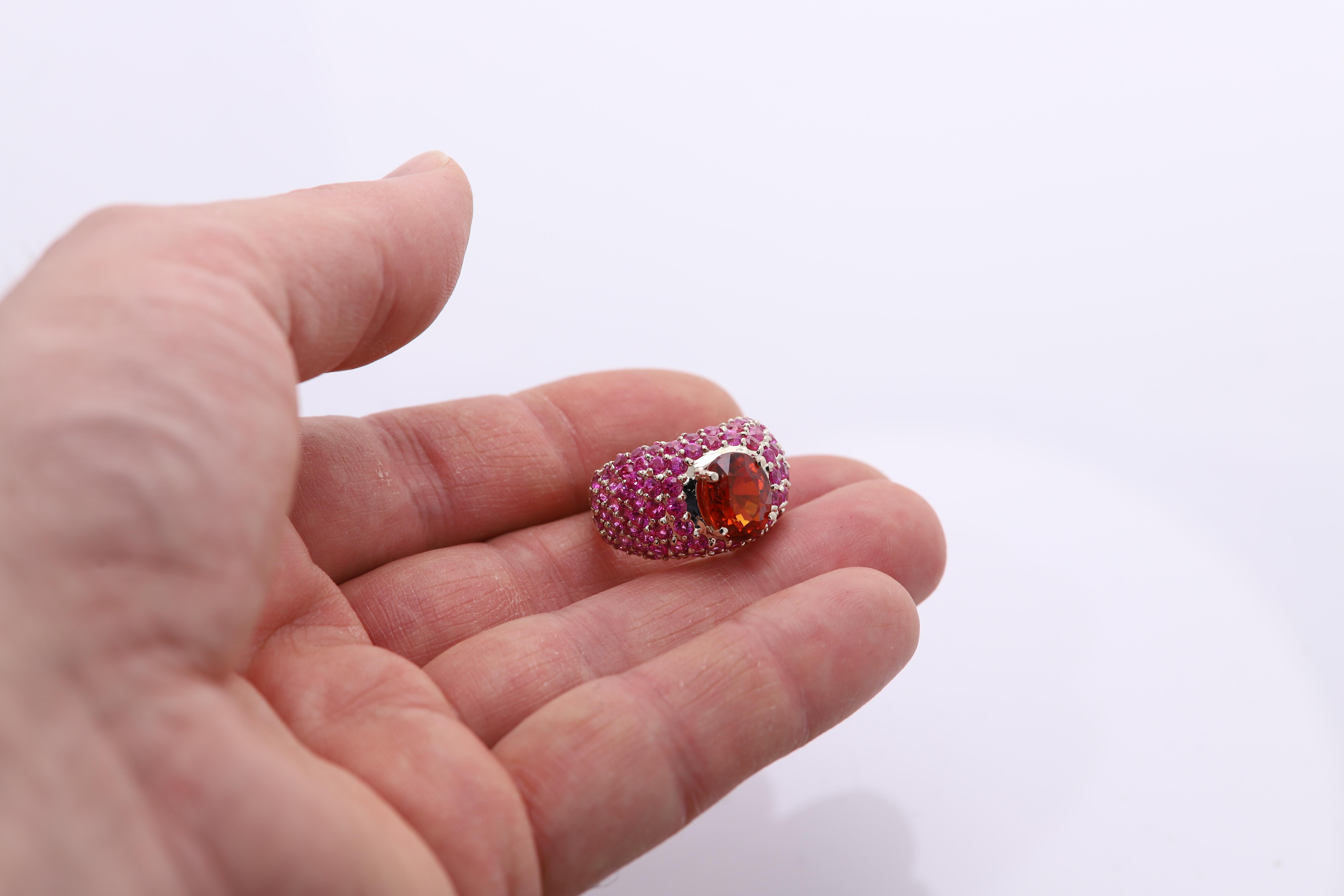 Women's Large Cocktail Ring Pink Ruby & Spessartine-Orange Garnet 18 Karat White Gold For Sale