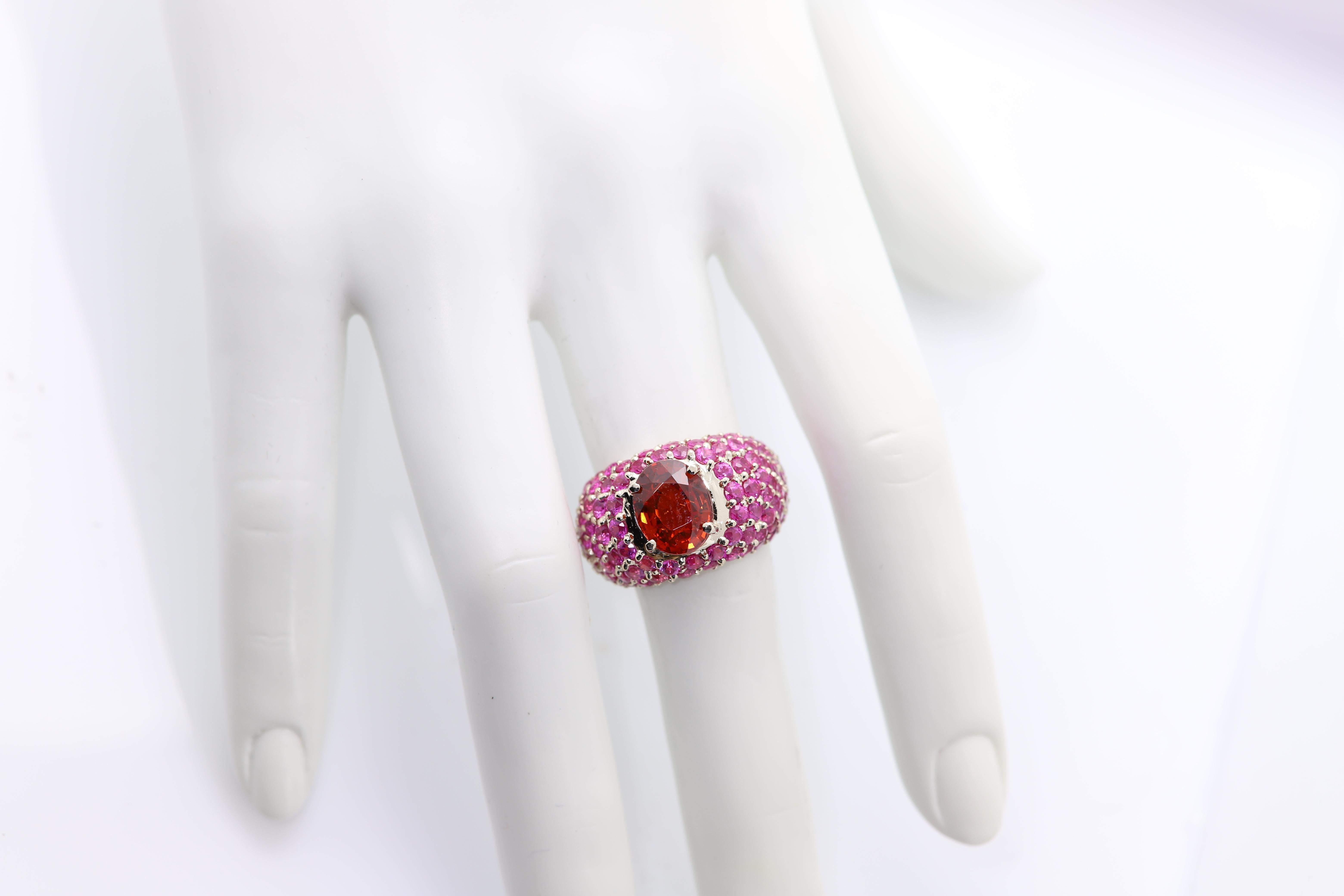 Large Cocktail Ring Pink Ruby & Spessartine-Orange Garnet 18 Karat White Gold For Sale 1