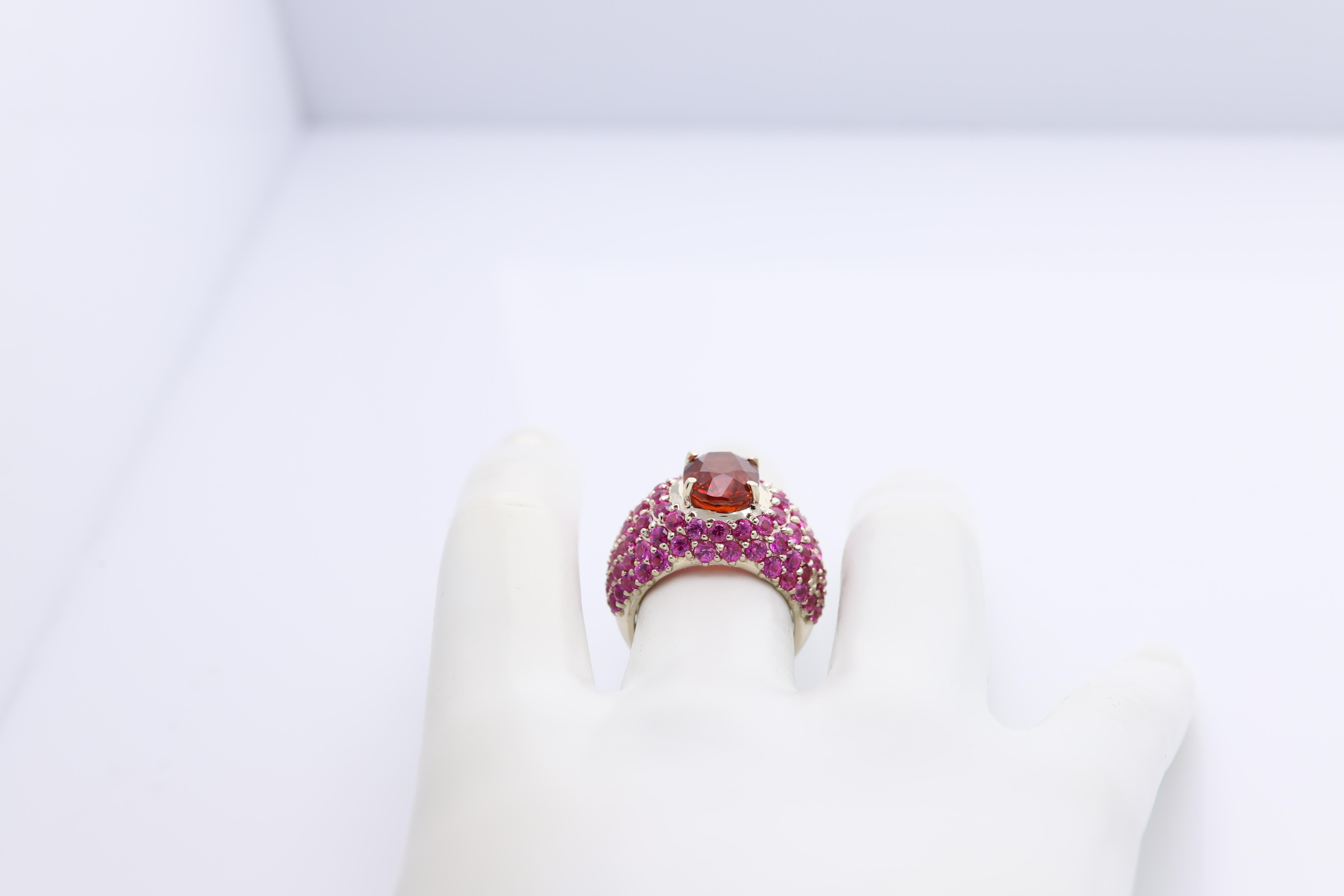 Large Cocktail Ring Pink Ruby & Spessartine-Orange Garnet 18 Karat White Gold For Sale 2