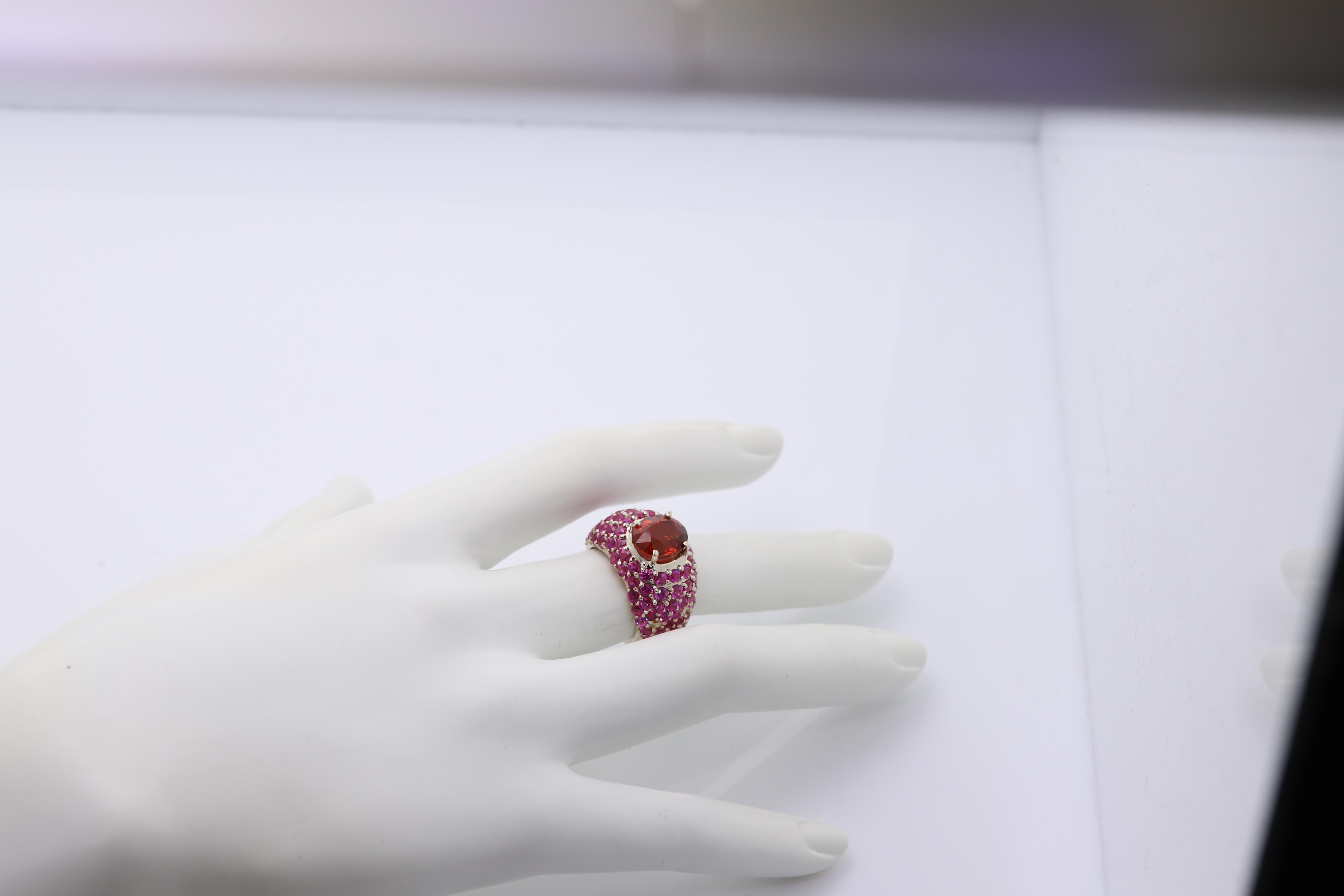 Large Cocktail Ring Pink Ruby & Spessartine-Orange Garnet 18 Karat White Gold For Sale 3