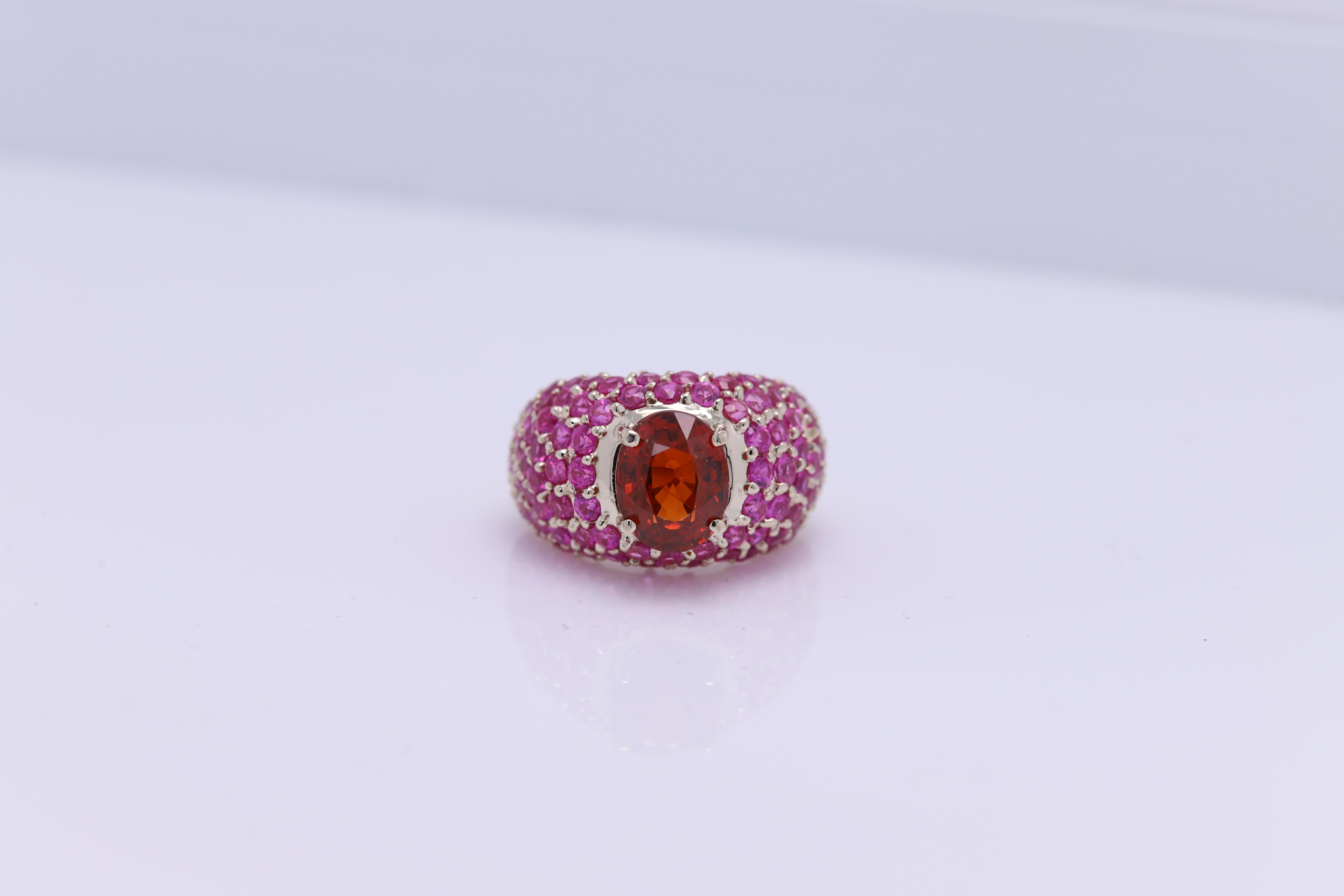 Large Cocktail Ring Pink Ruby & Spessartine-Orange Garnet 18 Karat White Gold For Sale 4