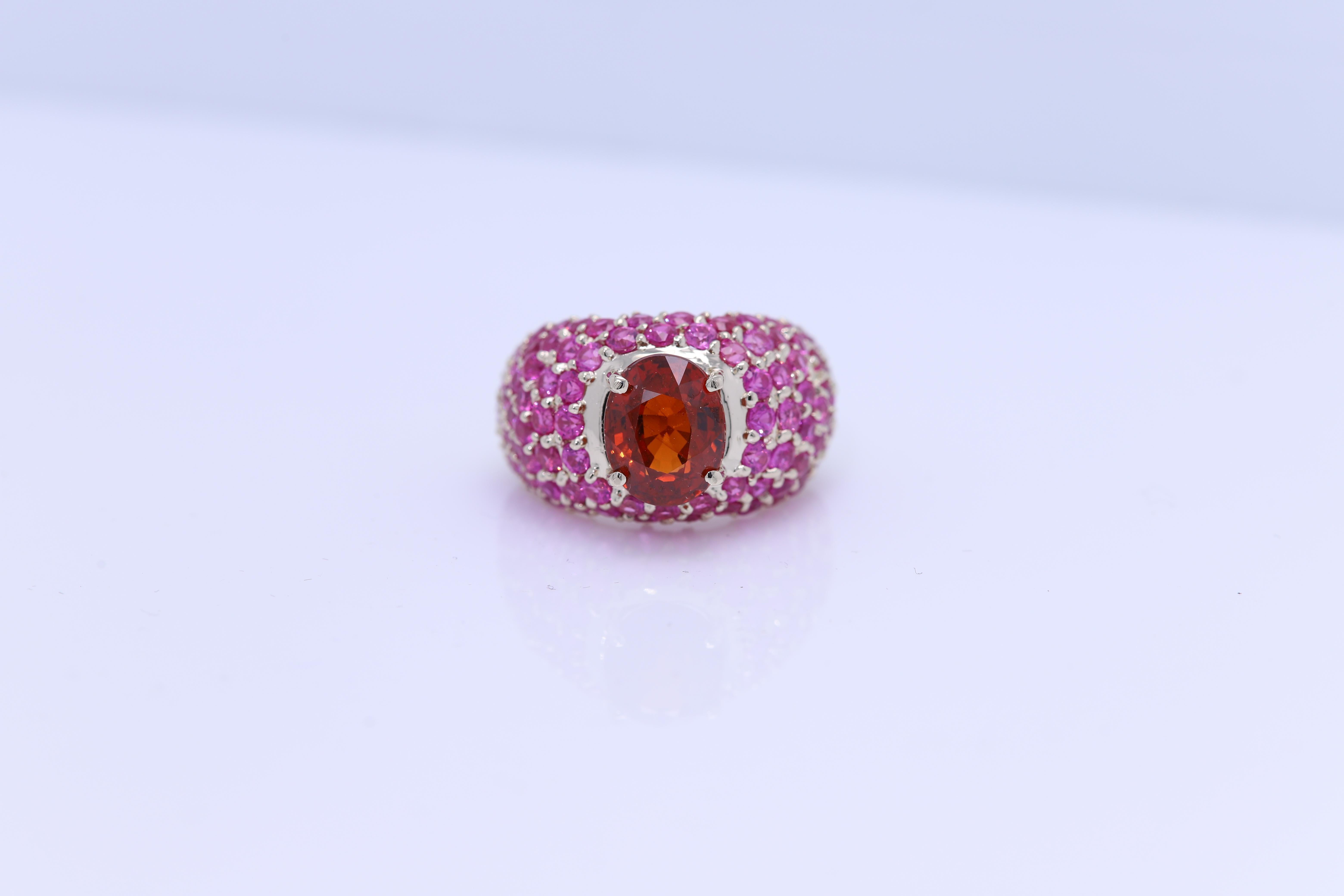 Large Cocktail Ring Pink Ruby & Spessartine-Orange Garnet 18 Karat White Gold For Sale 5