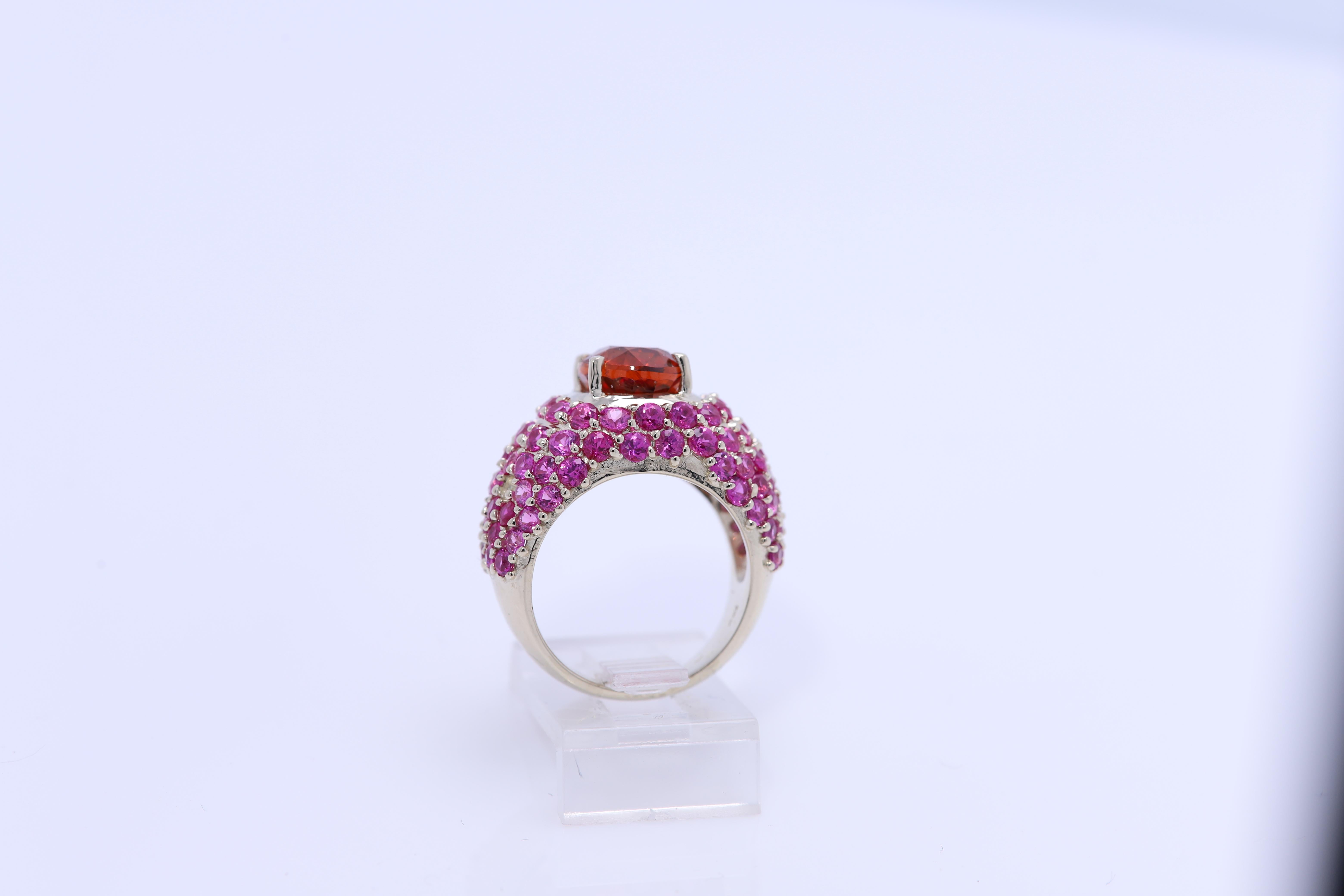 Large Cocktail Ring Pink Ruby & Spessartine-Orange Garnet 18 Karat White Gold For Sale 4