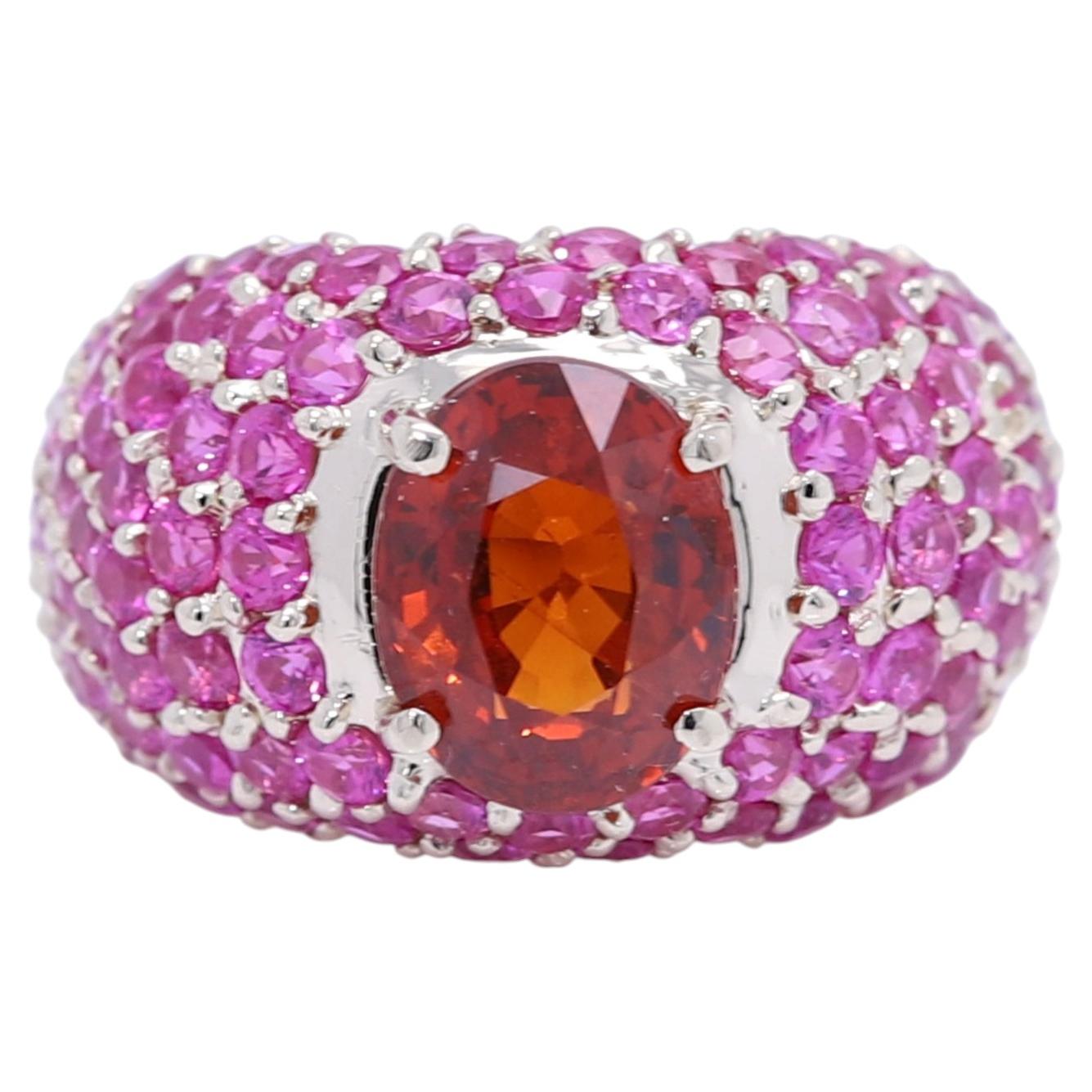 Anello Cocktail Grande Rubino Rosa e Granato Arancione Spessartina Oro Bianco 18K