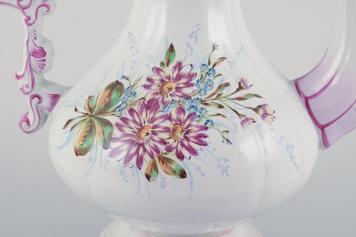 Large coffee pot in faience with motifs of flowers and insects. In Excellent Condition For Sale In Copenhagen, DK