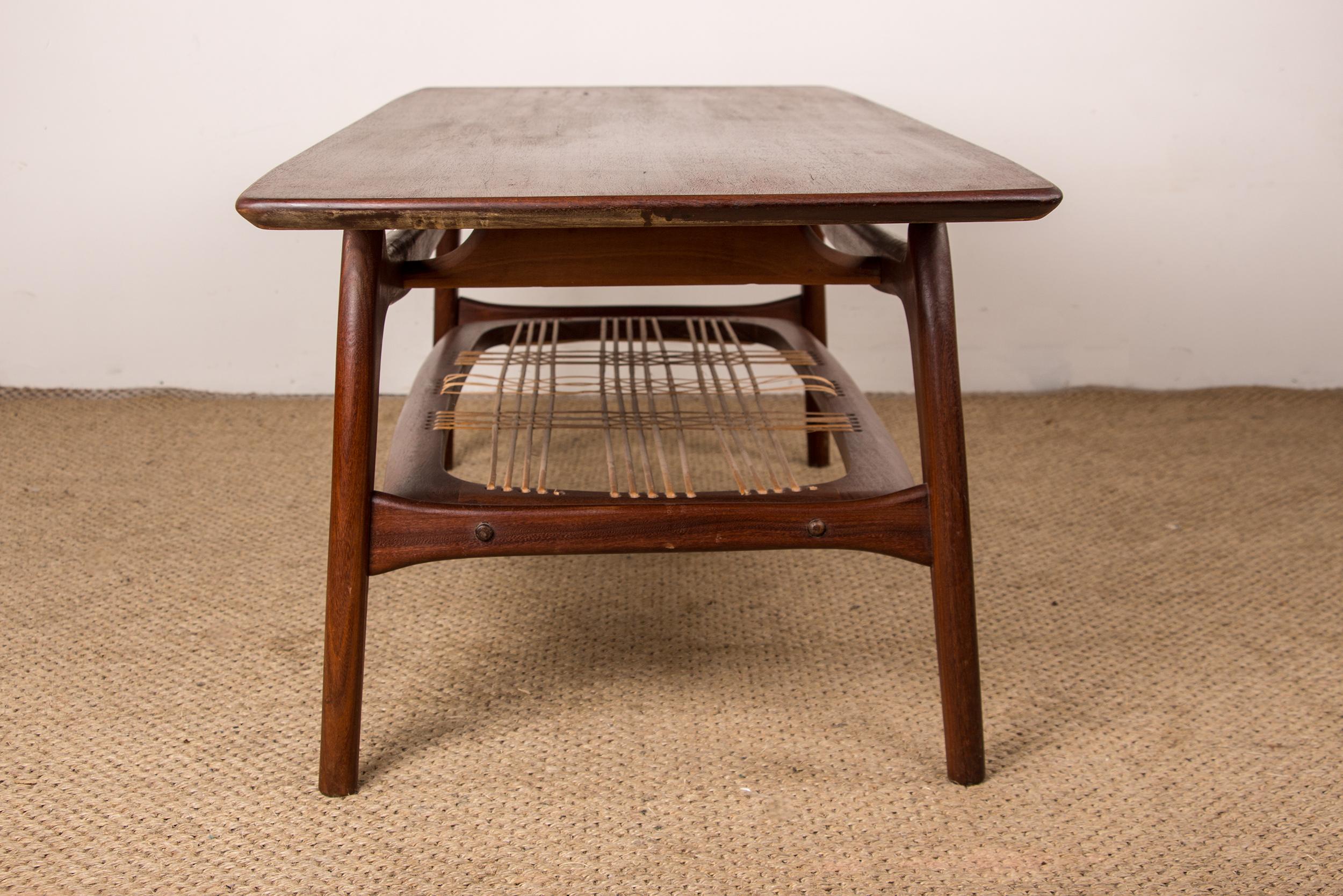 Large Coffee Table, 2 levels, in Teak and Rattan, Louis van Teeffelen for WéBé. For Sale 7