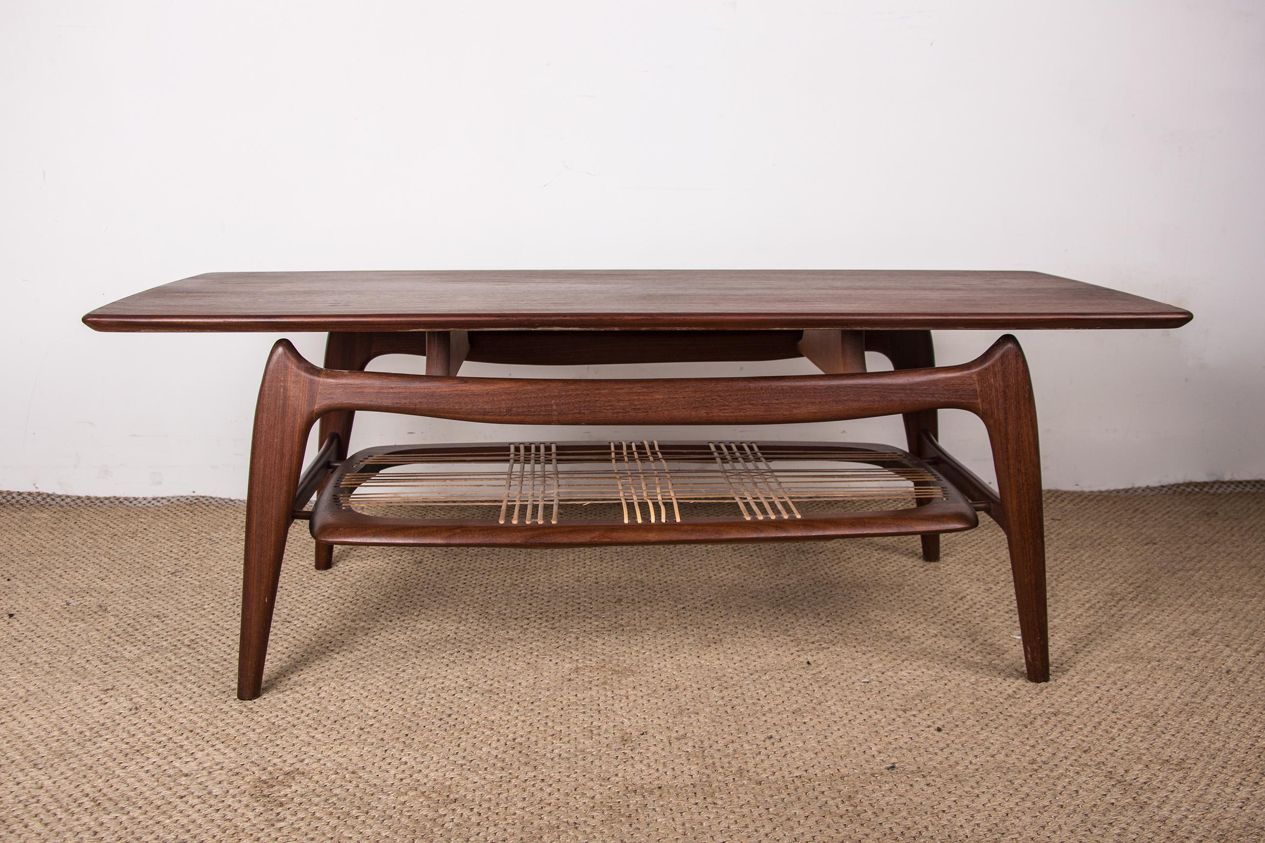 Dutch Large Coffee Table, 2 levels, in Teak and Rattan, Louis van Teeffelen for WéBé. For Sale