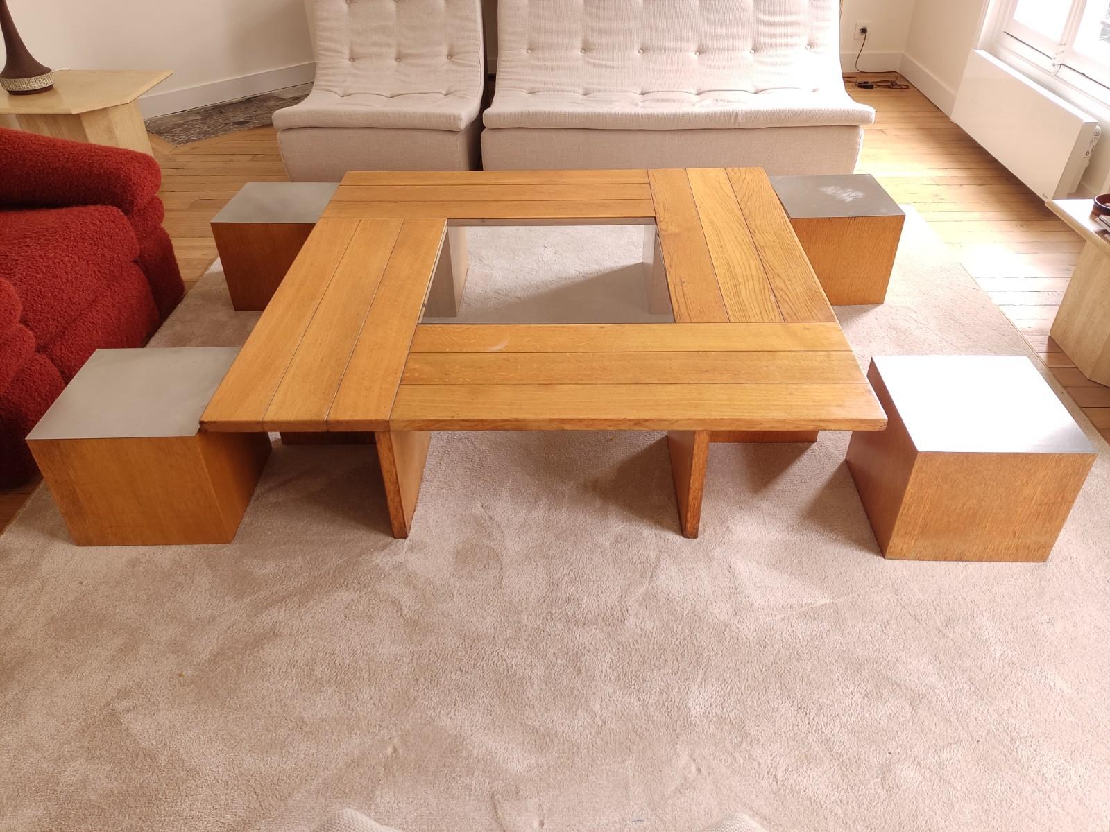 French Provincial Large Coffee Table and 4 Cubic Seats For Sale