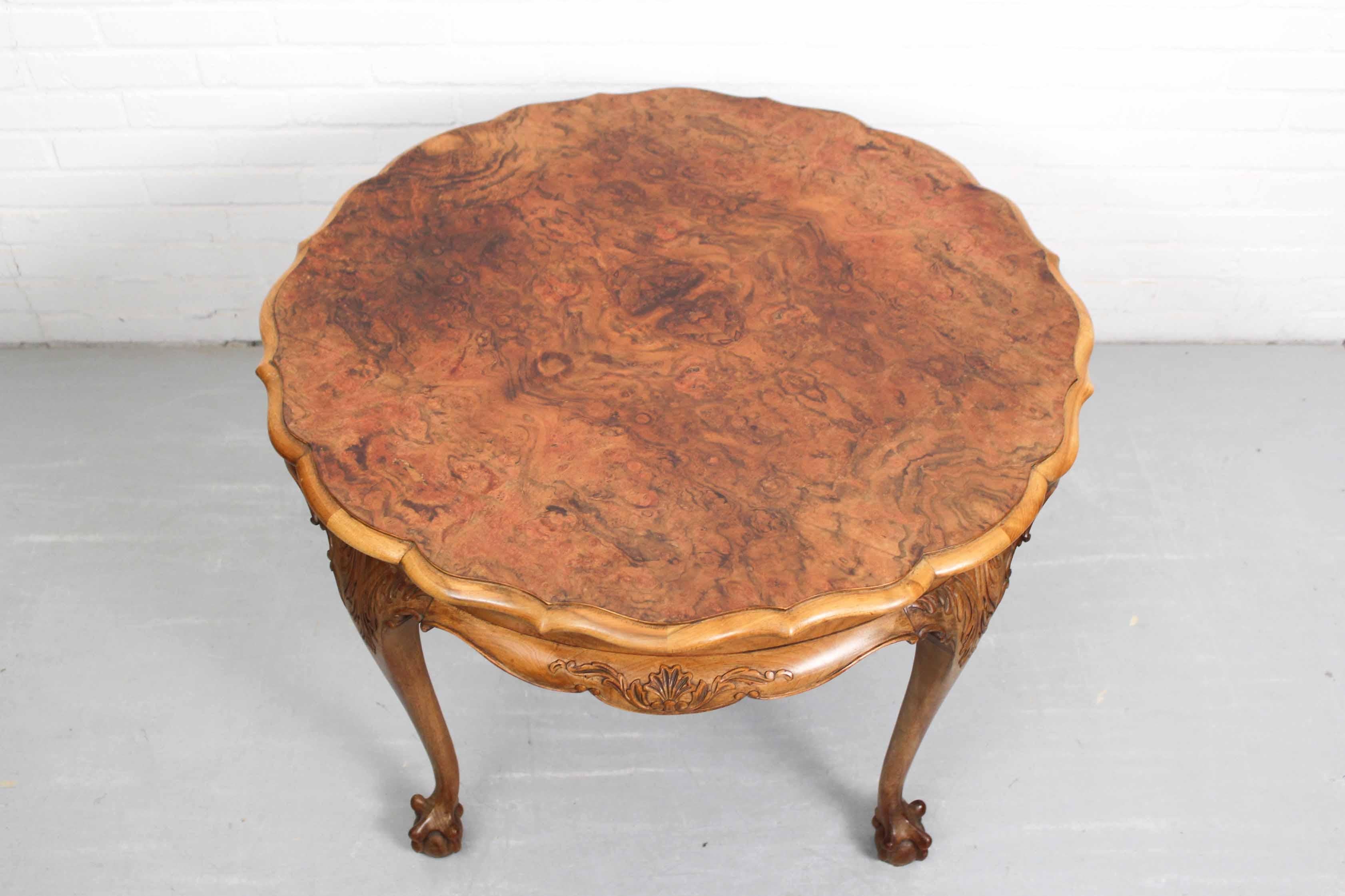 20th Century Large coffee table in Baroque style, mid century, with claw foot legs, burl wood For Sale