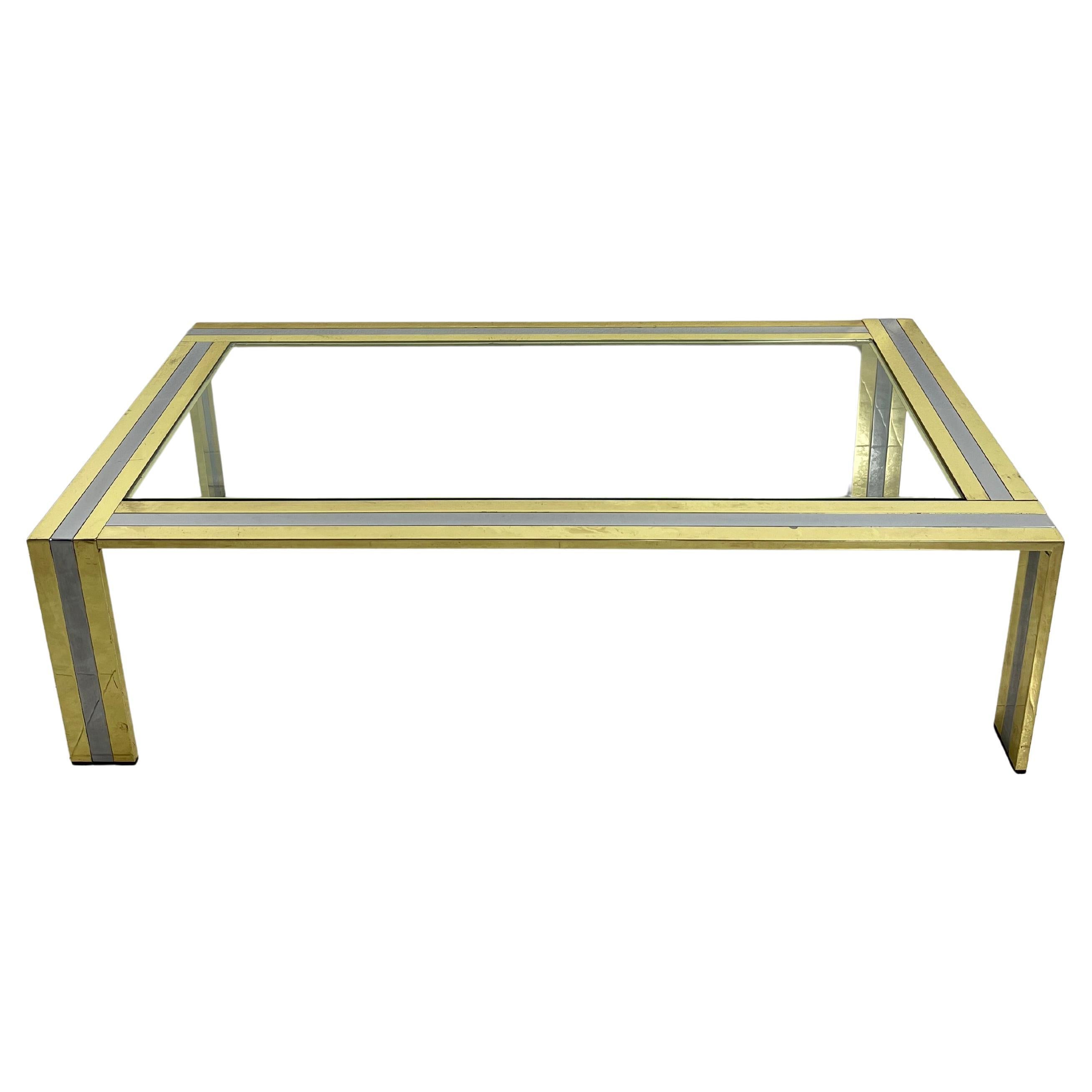 Grande table basse en laiton et métal chromé attribuée à Romeo Rega, 1970