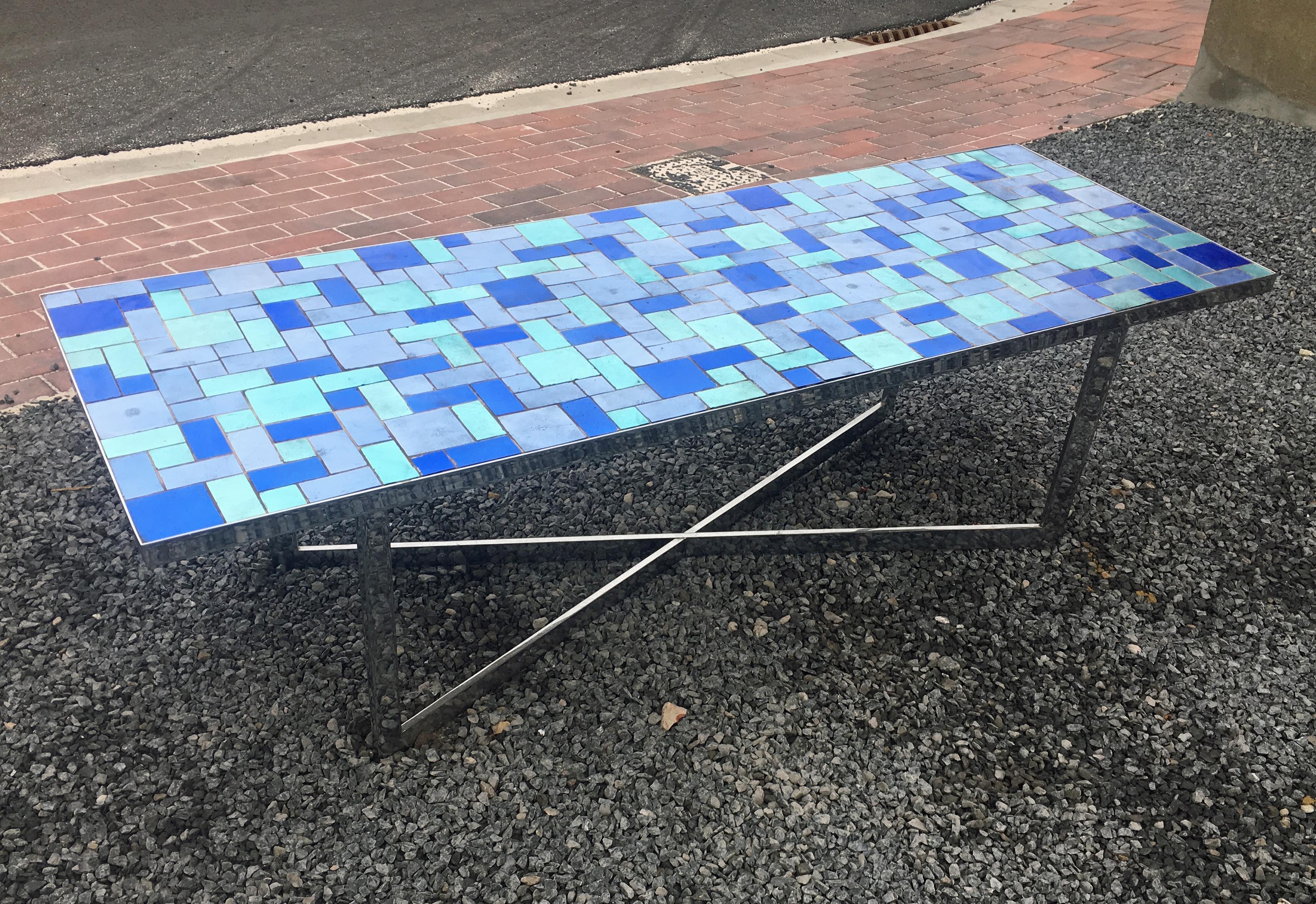 Large coffee table in chromed metal and metallic ceramics, circa 1970.