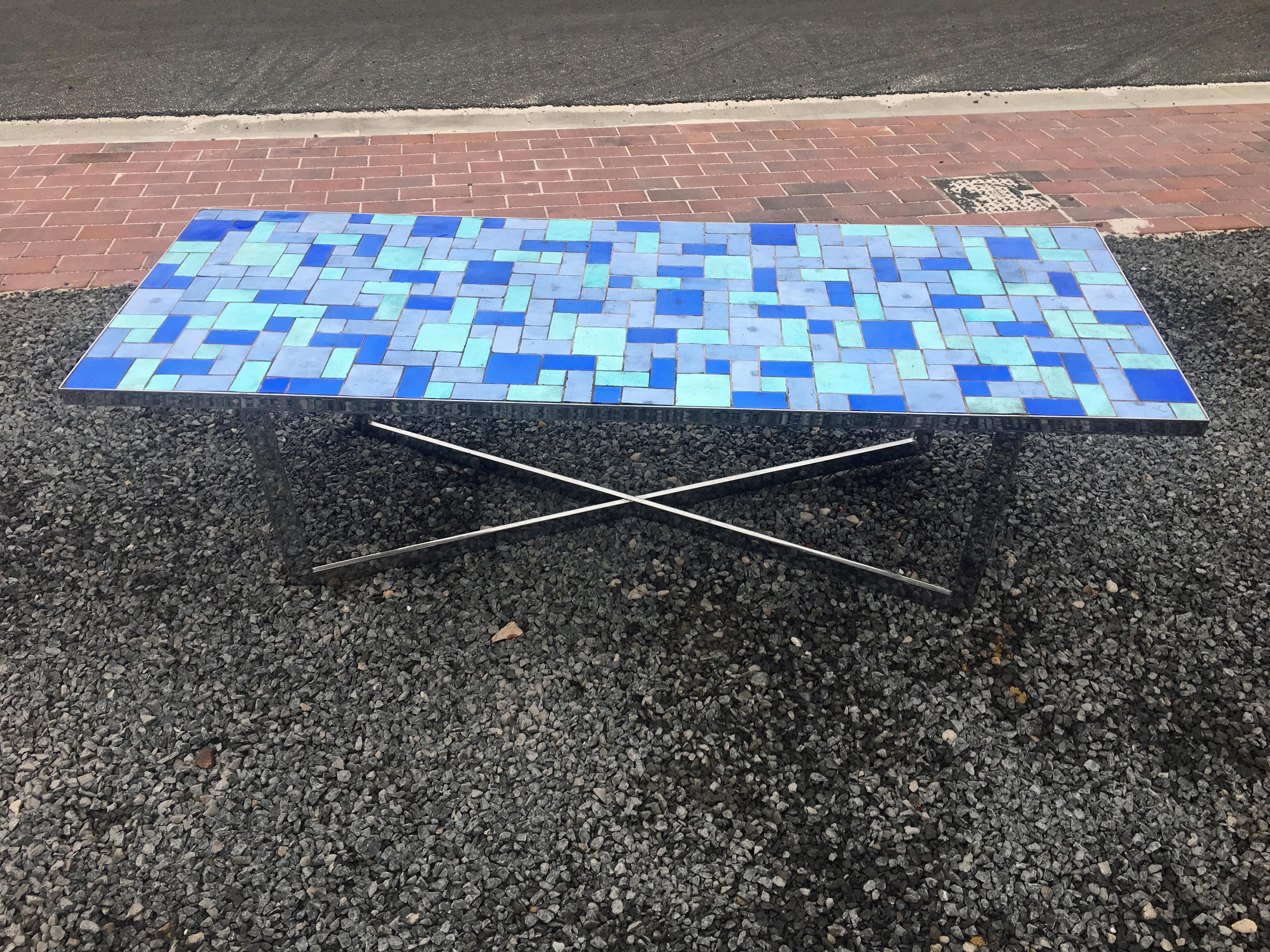 European Large Coffee Table in Chromed Metal and Metallic Ceramics, circa 1970 For Sale