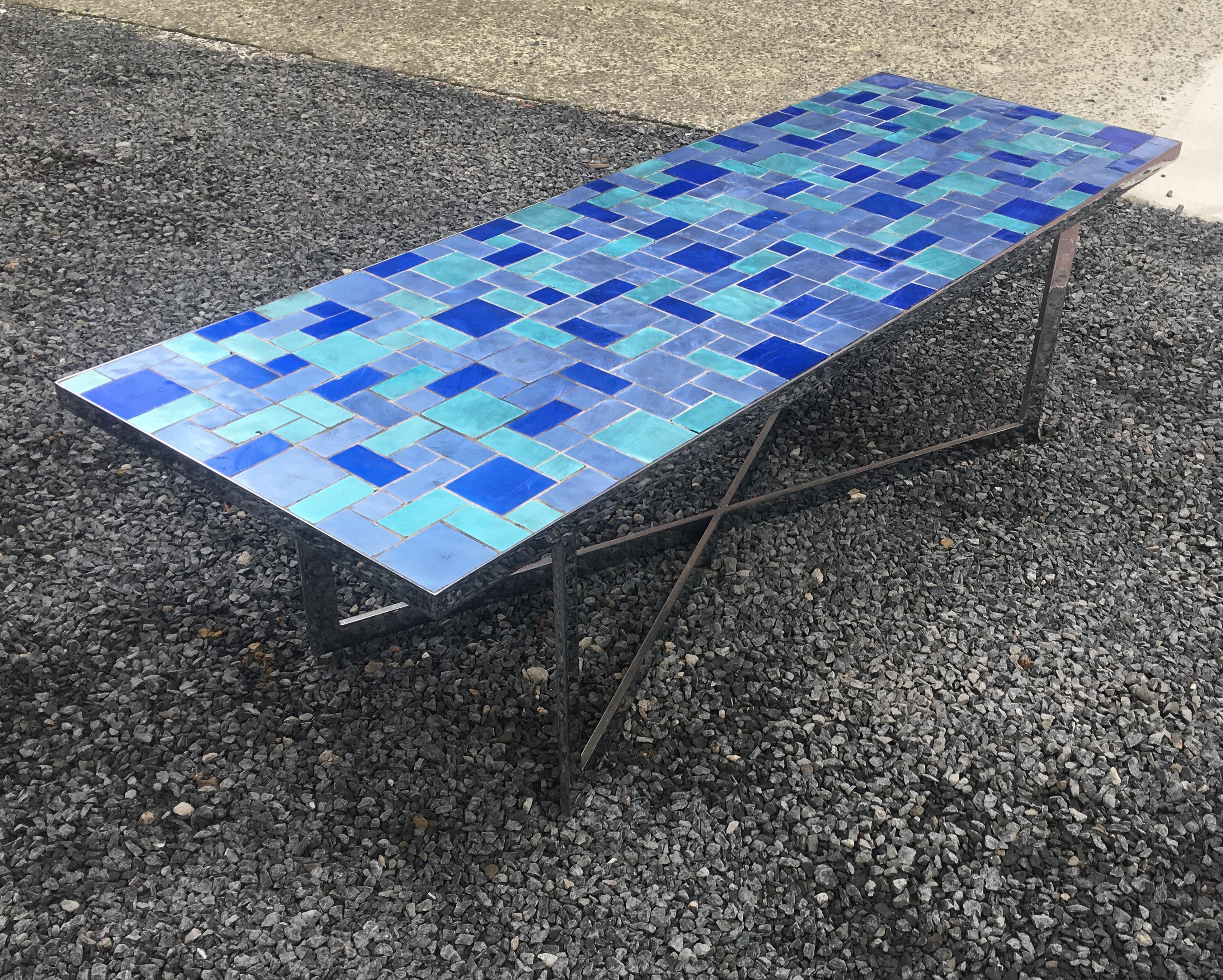 Late 20th Century Large Coffee Table in Chromed Metal and Metallic Ceramics, circa 1970 For Sale