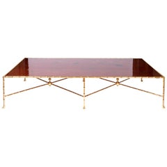 Large Coffee Table in Gilt Bronze and Red Lacquer, Contemporary Work