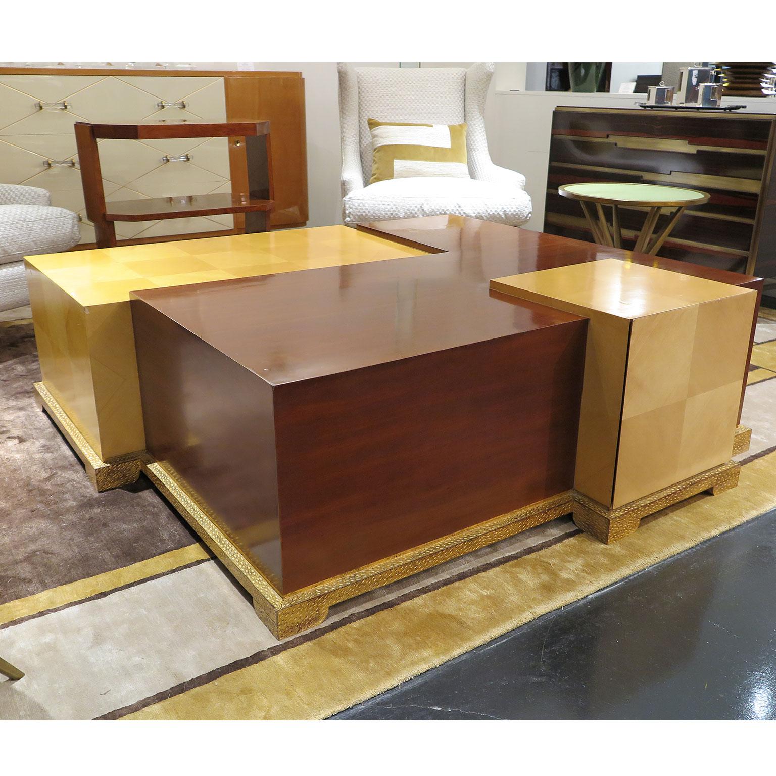 French Large Coffee Table in Mahogany and Sycamore with Overlapping Levels, circa 1950s For Sale