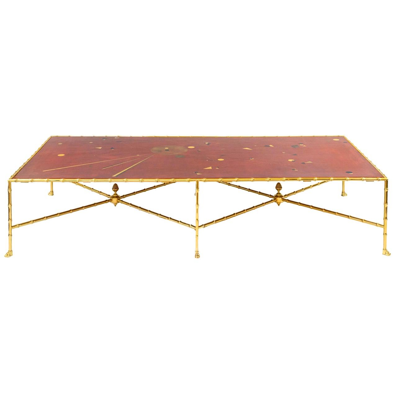 Large Coffee Table in Red Lacquer and Gilt Brass, Contemporary Work