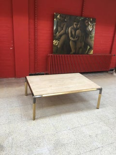 Large Coffee Table in Travertine and Brass, circa 1970