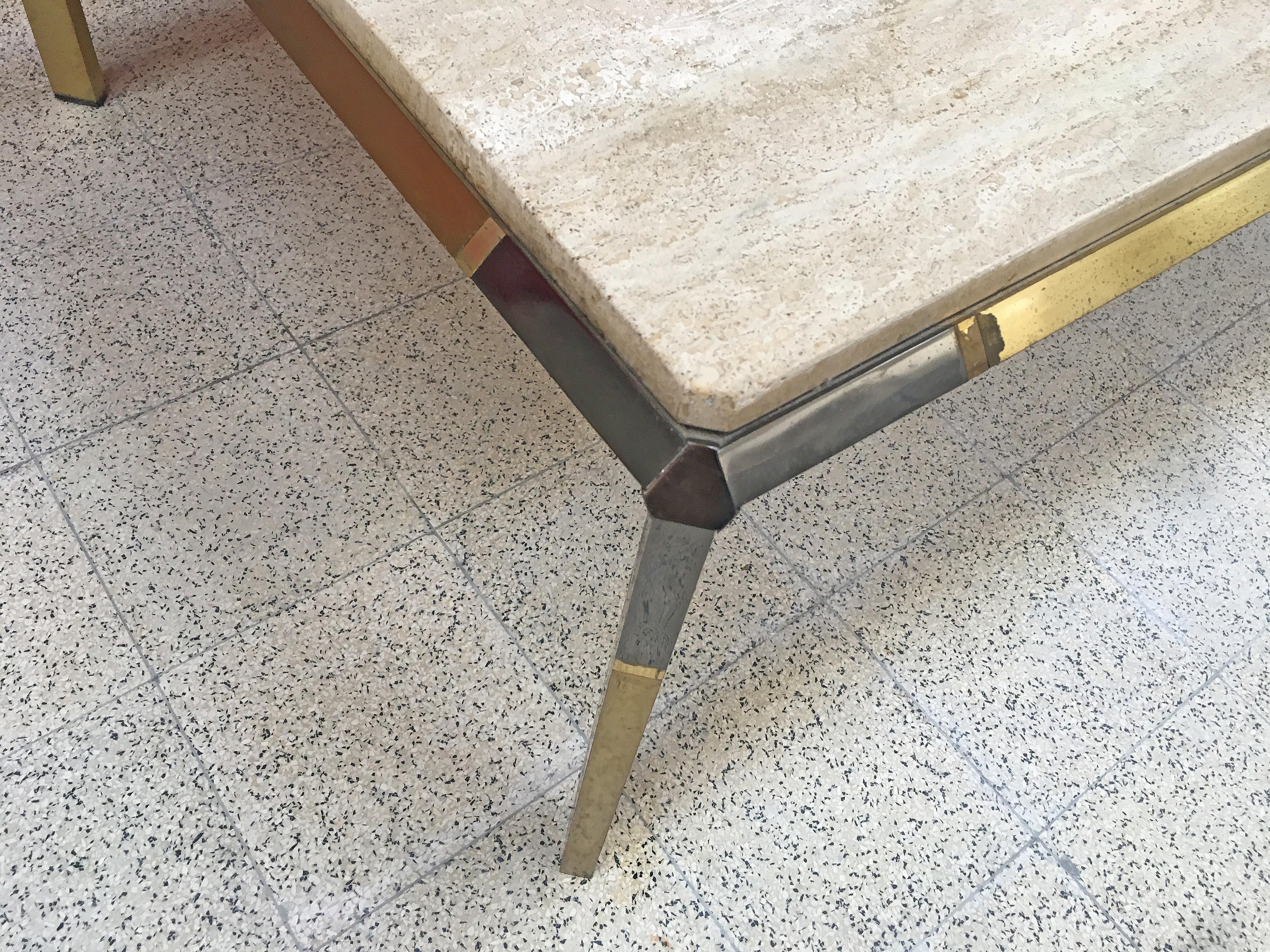 Mid-Century Modern Large Coffee Table in Travertine and Brass, circa 1970 For Sale