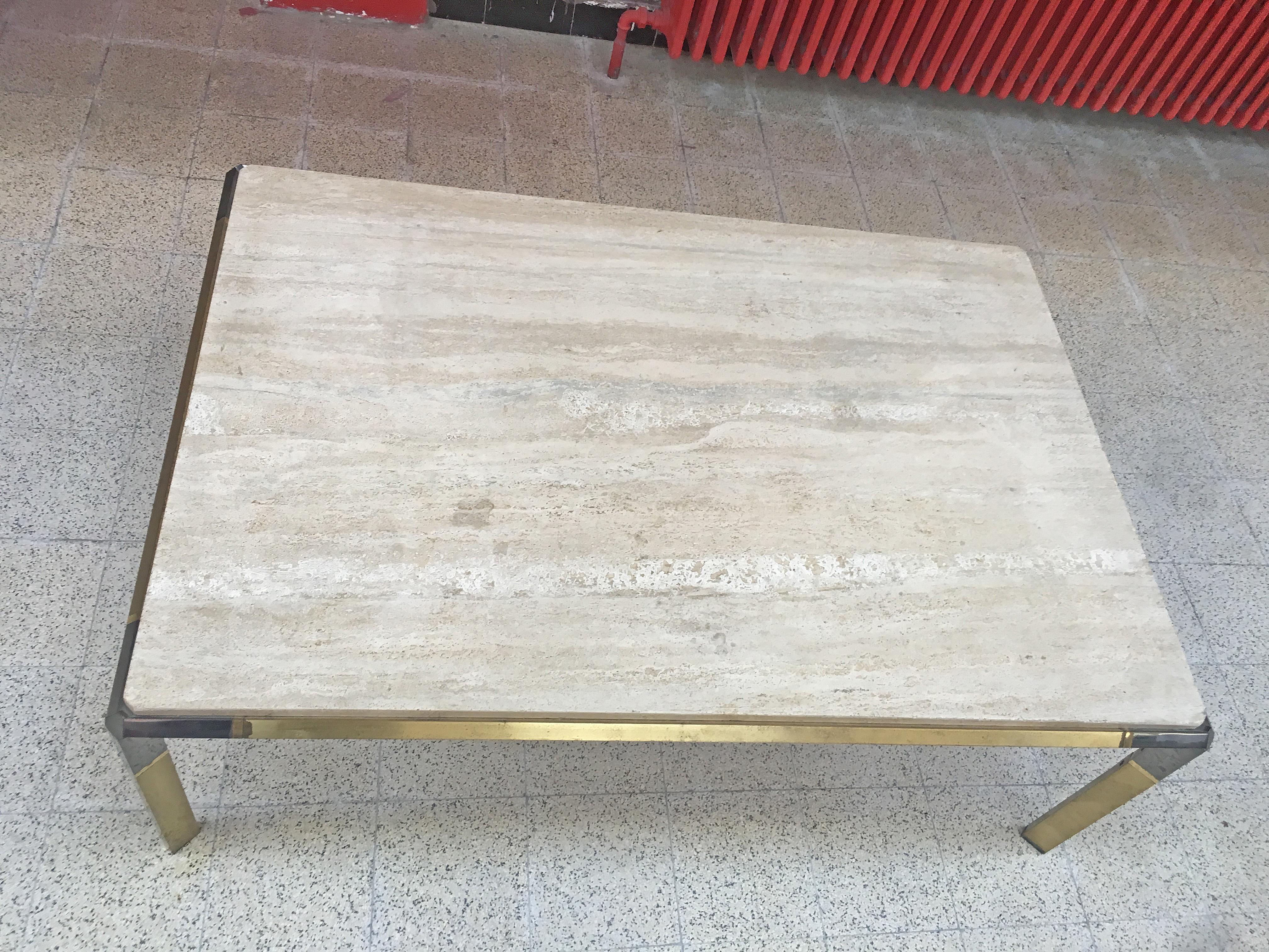 European Large Coffee Table in Travertine and Brass, circa 1970 For Sale