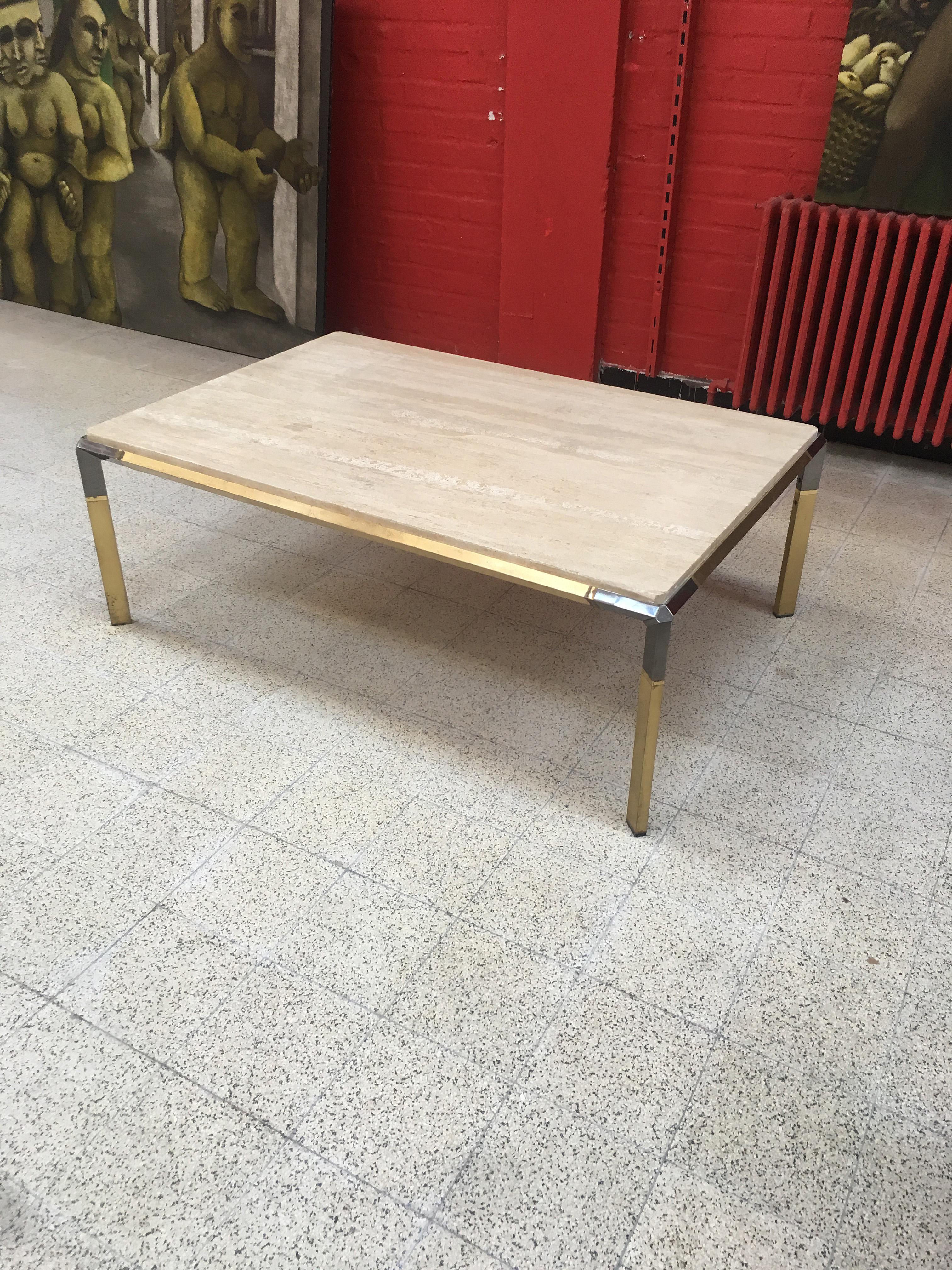 Late 20th Century Large Coffee Table in Travertine and Brass, circa 1970 For Sale