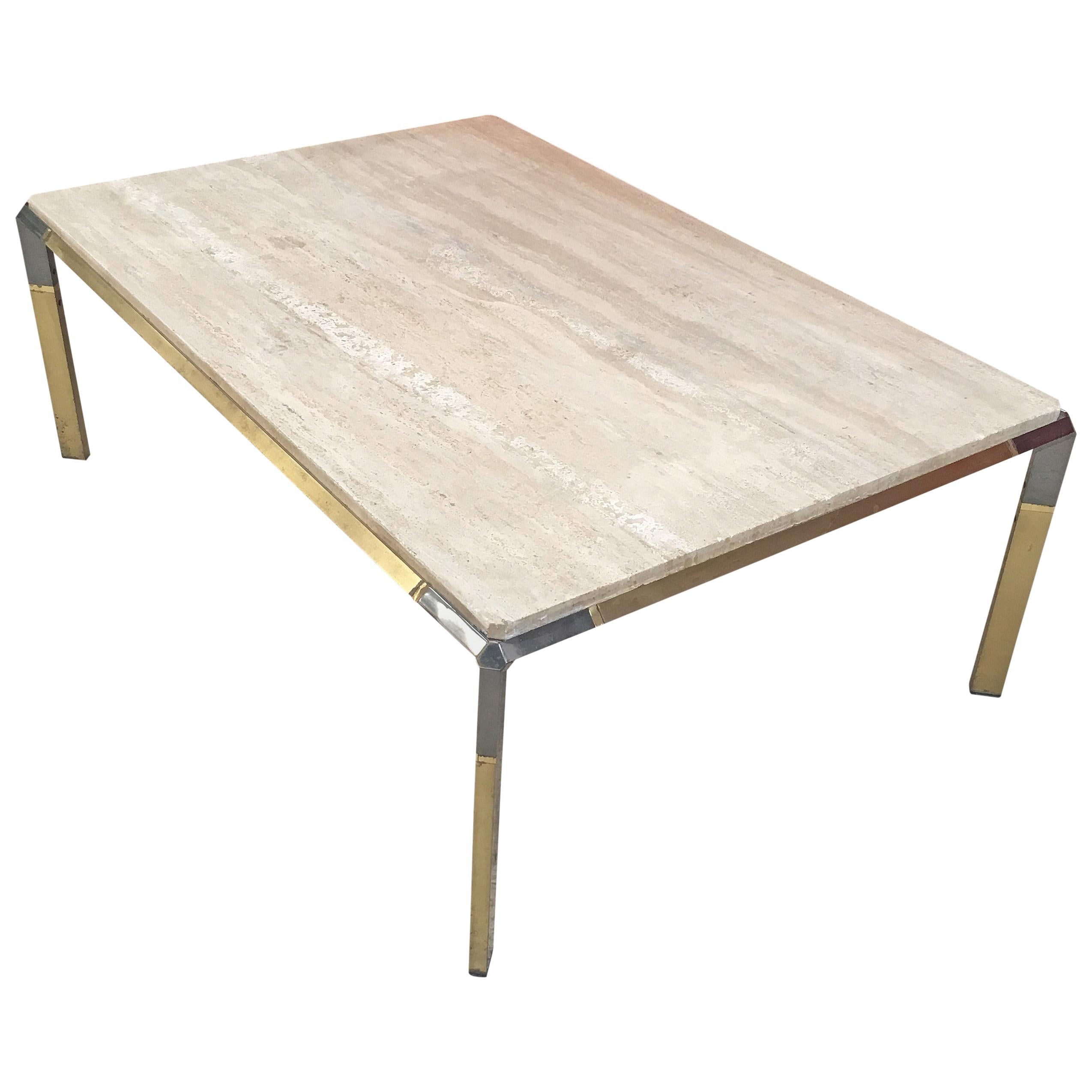 Large Coffee Table in Travertine and Brass, circa 1970