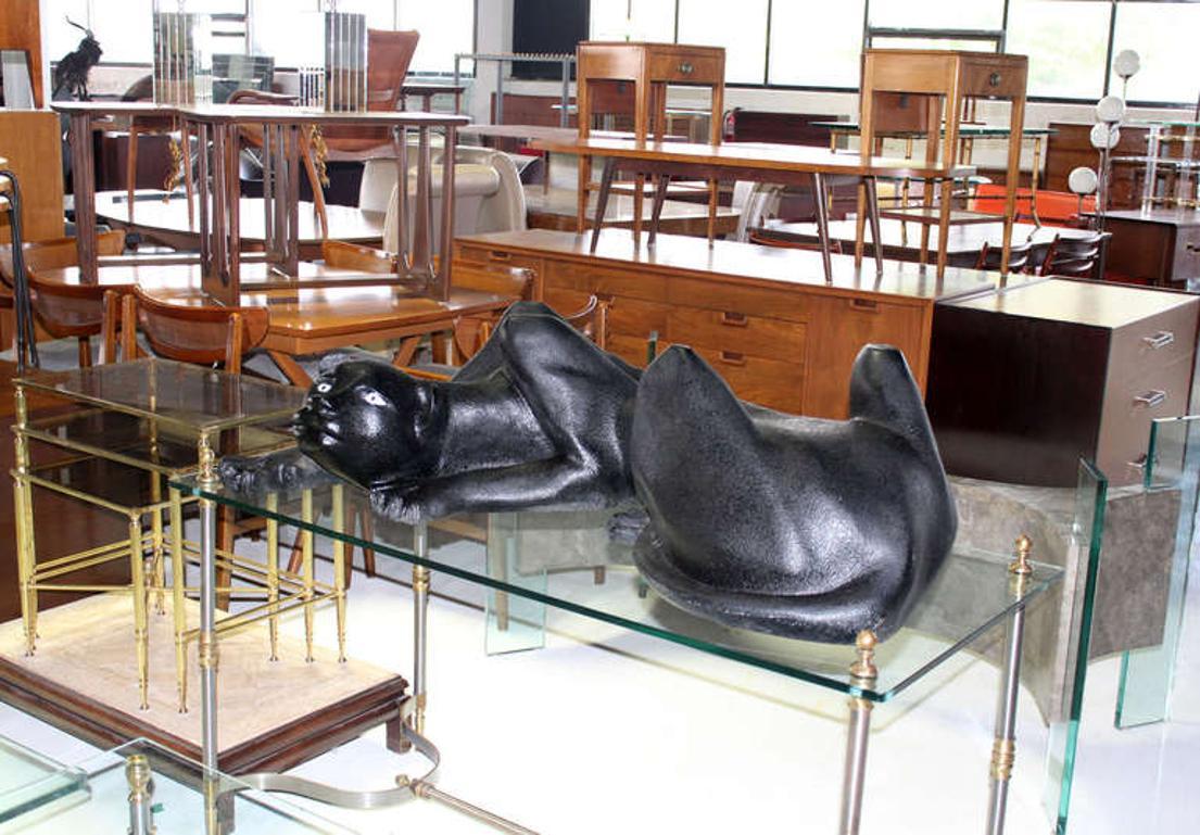American Large Coffee Table Sculptural Base of a Panther Large Black Cat Mid Century For Sale