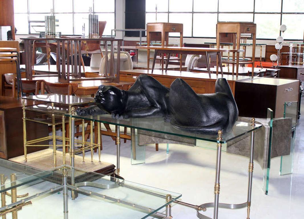 Large Coffee Table Sculptural Base of a Panther Large Black Cat Mid Century For Sale 1