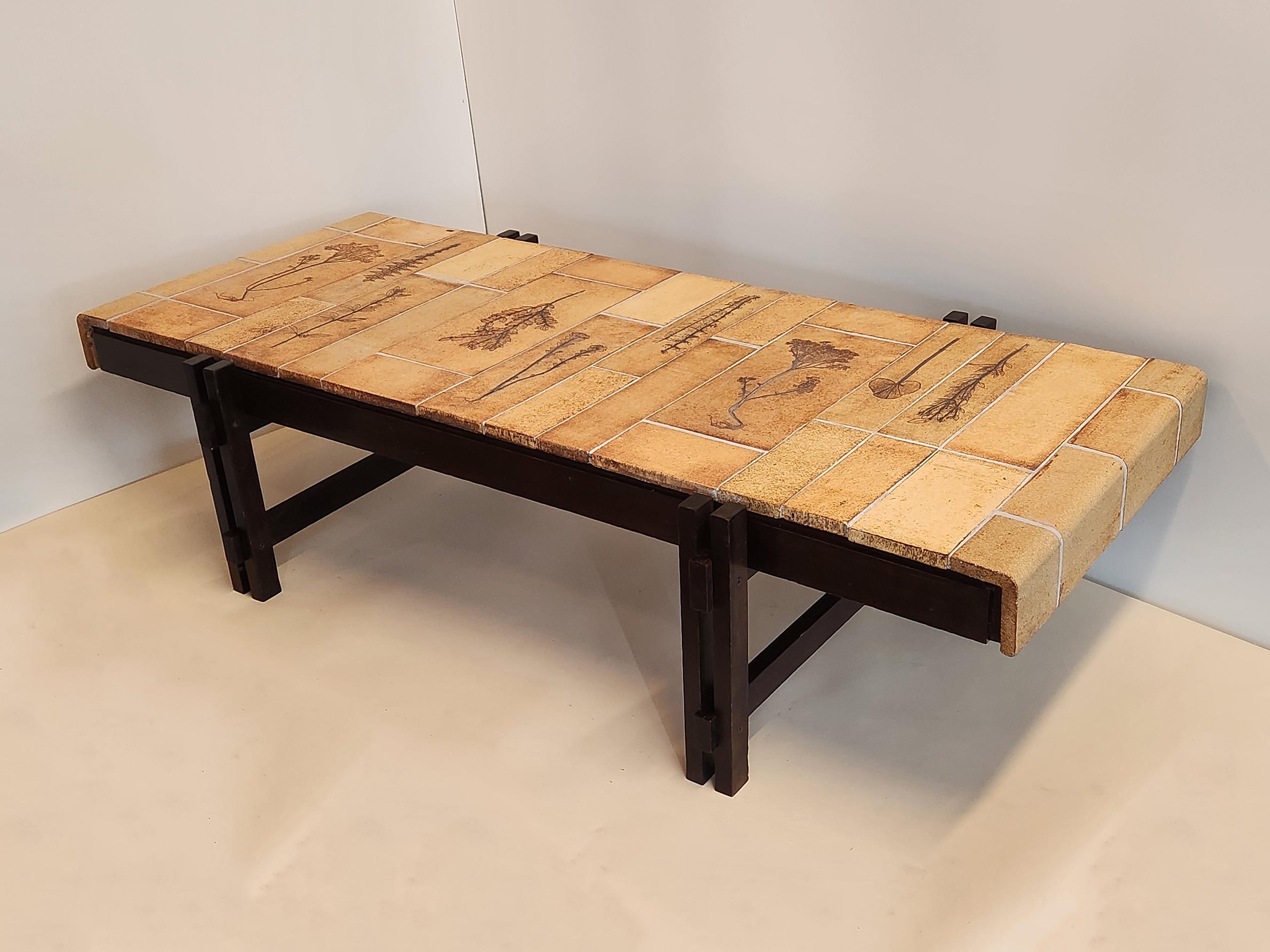 Mid-Century Modern Roger Capron - Large Coffee Table with Garrigue Tiles on Wood Frame, 1970s For Sale