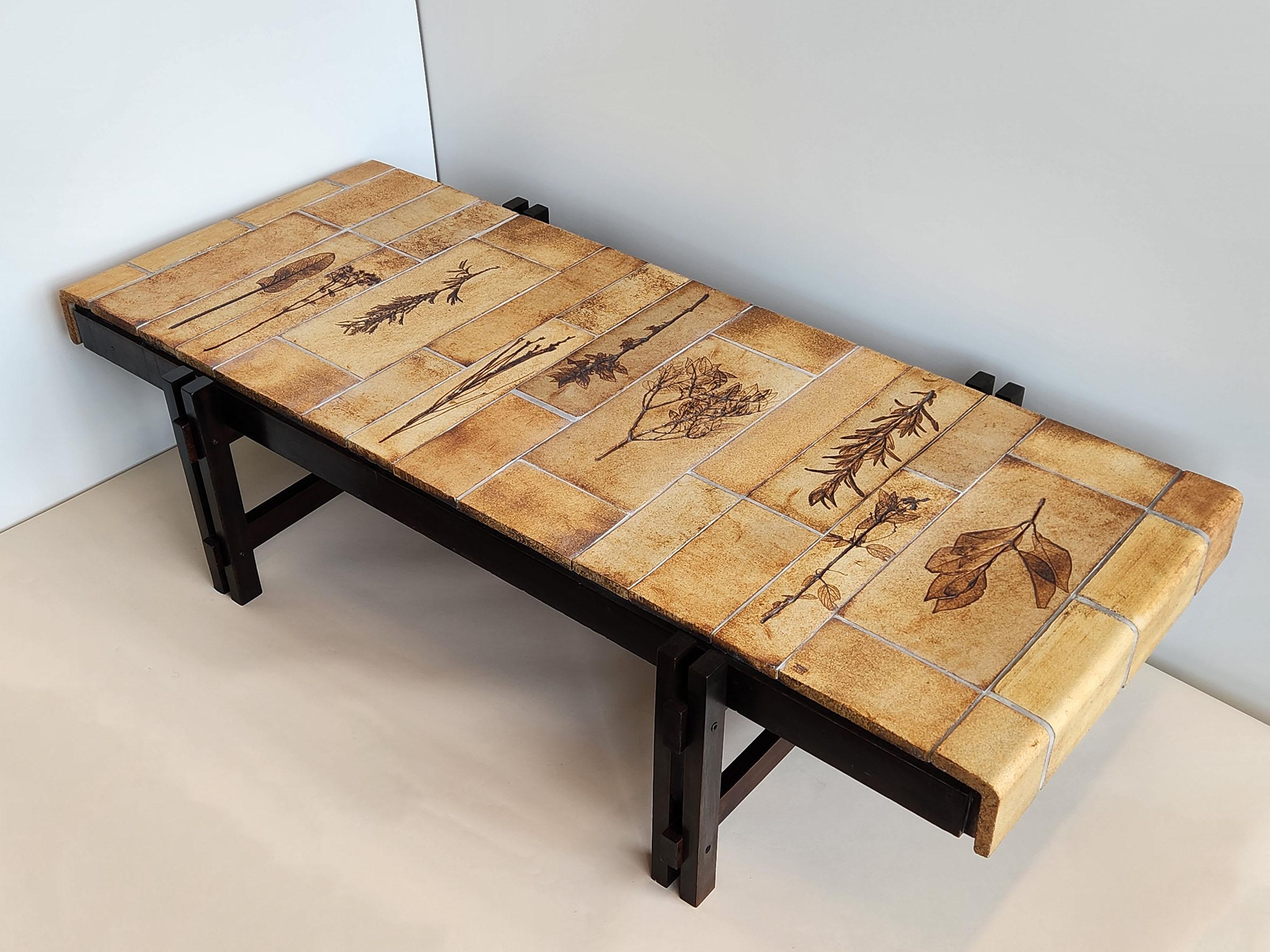 Mid-Century Modern Roger Capron - Large Coffee Table with Garrigue Tiles on Wood Frame, 1970s For Sale