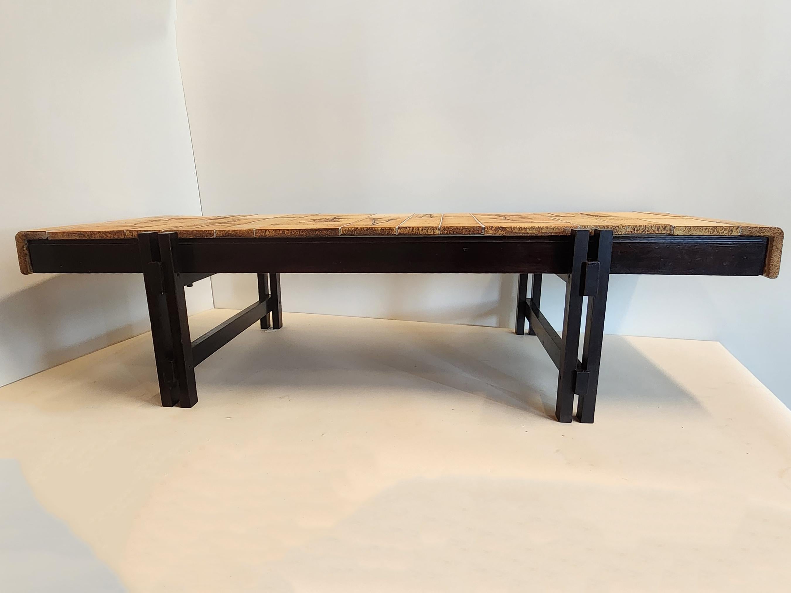Ceramic Roger Capron - Large Coffee Table with Garrigue Tiles on Wood Frame, 1970s For Sale