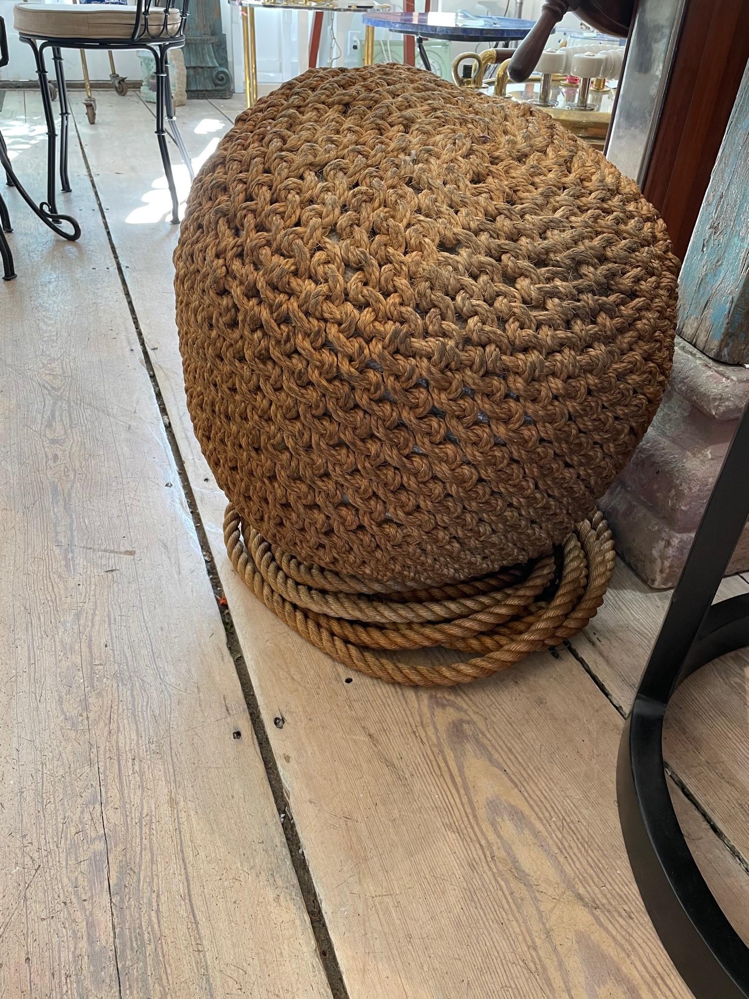 Very large and rare knotted coir rope ship fenders with the original tie-off line. From the 1980's, but barely used. Great to use as coastal or nautical accent pieces, as foot rests or stools. Organic, textural and interesting.