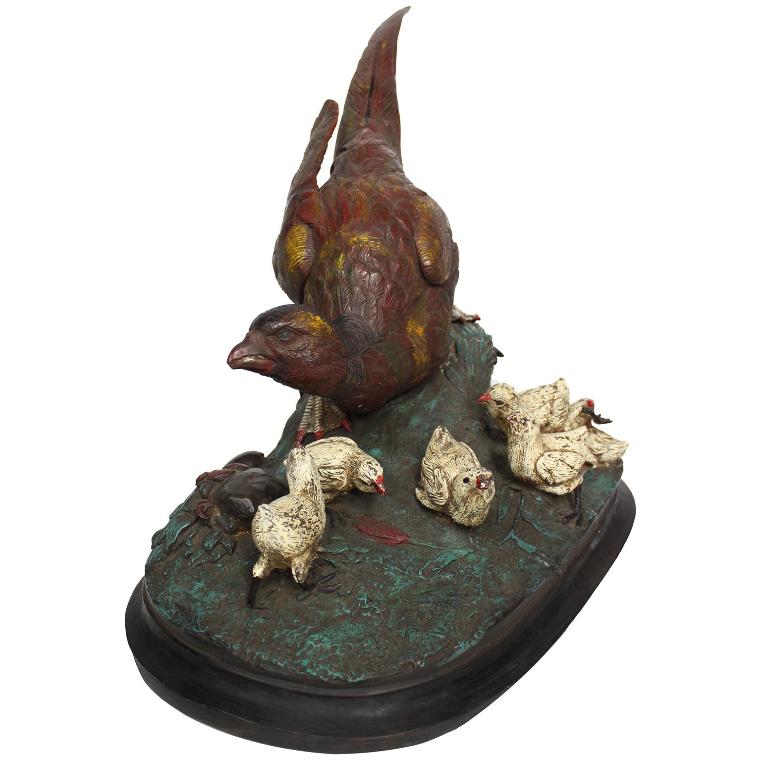 Country Large Cold Painted Vienna Style Bronze of A Pheasant with its chicks For Sale