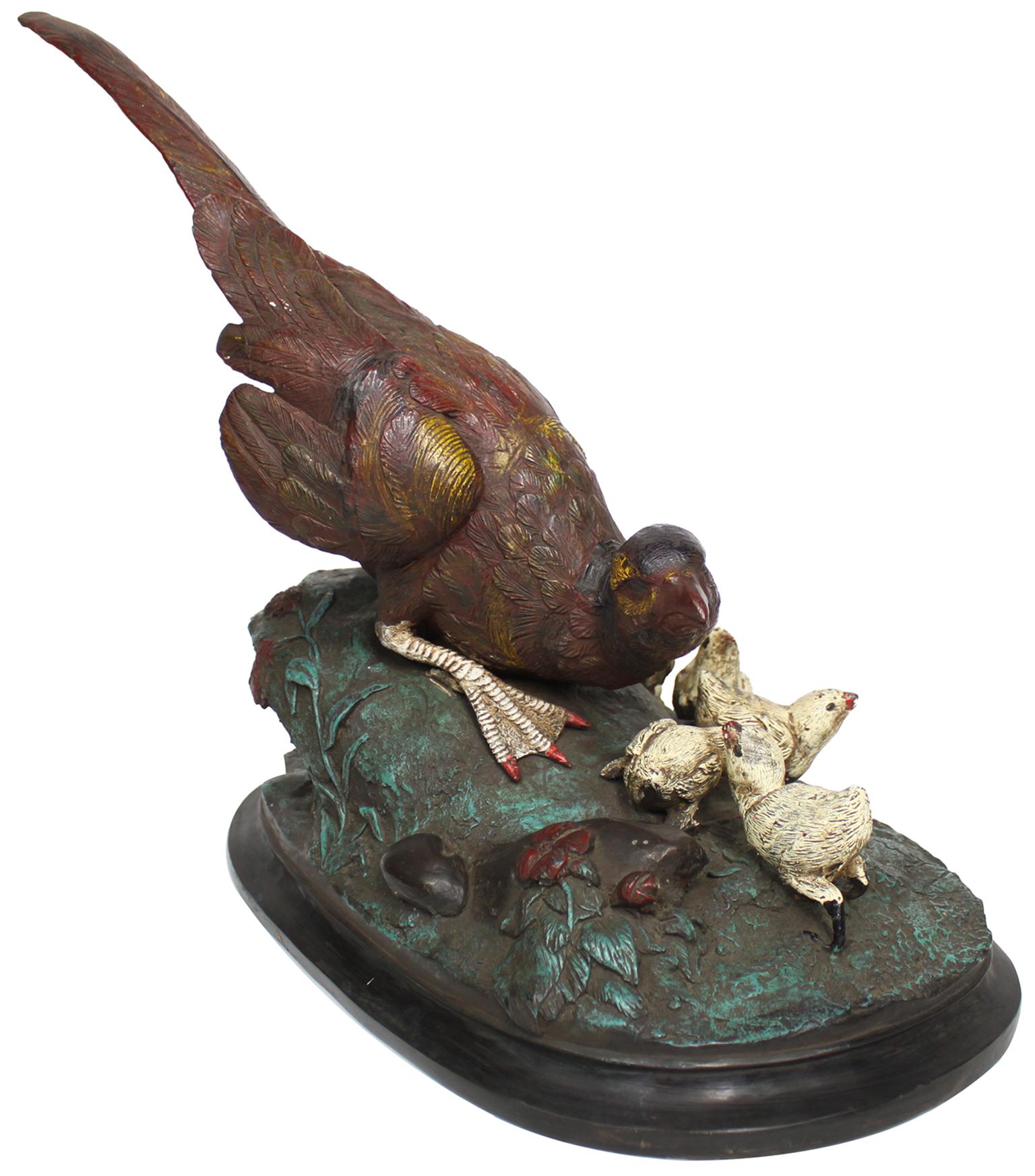 French Large Cold Painted Vienna Style Bronze of A Pheasant with its chicks For Sale