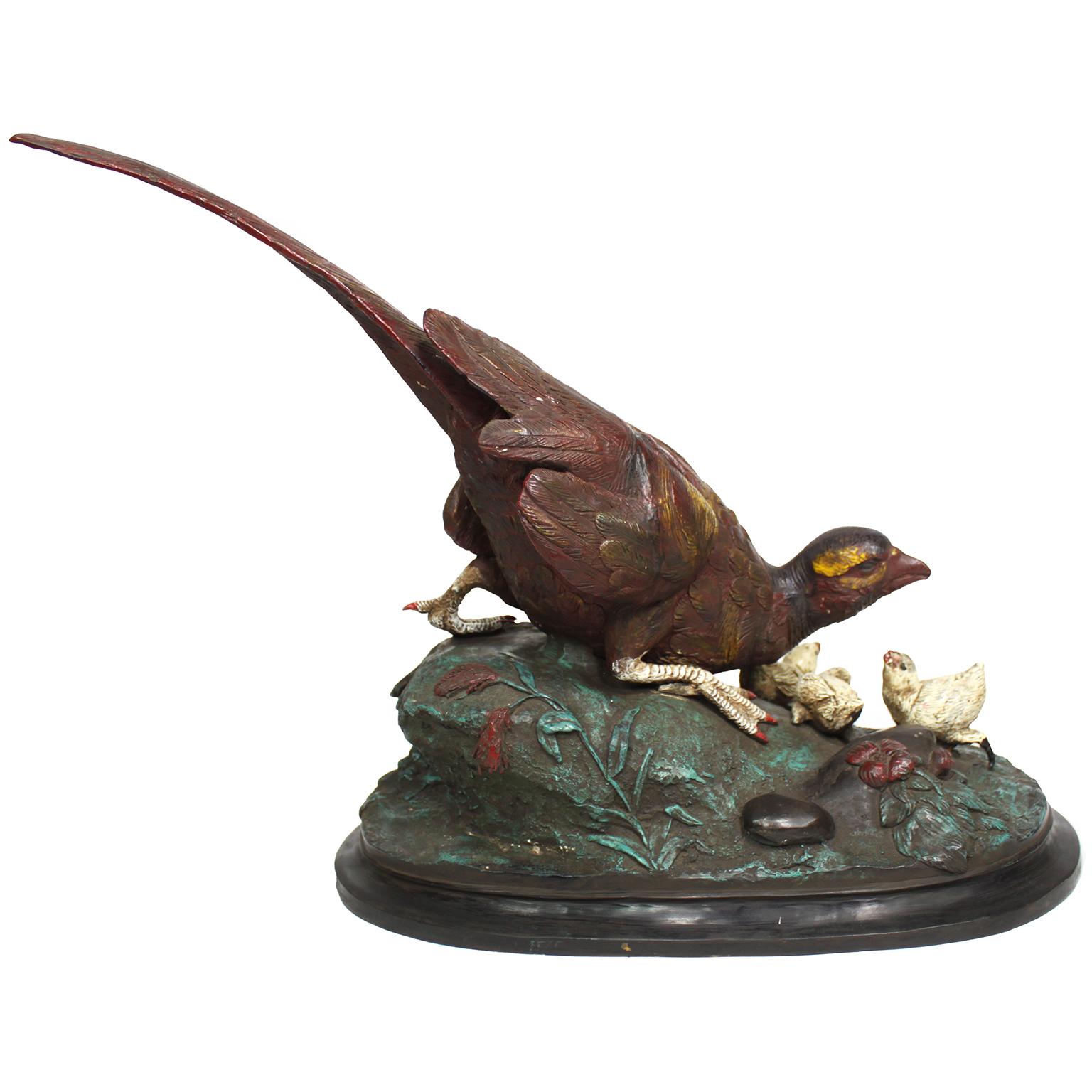 Cold-Painted Large Cold Painted Vienna Style Bronze of A Pheasant with its chicks For Sale