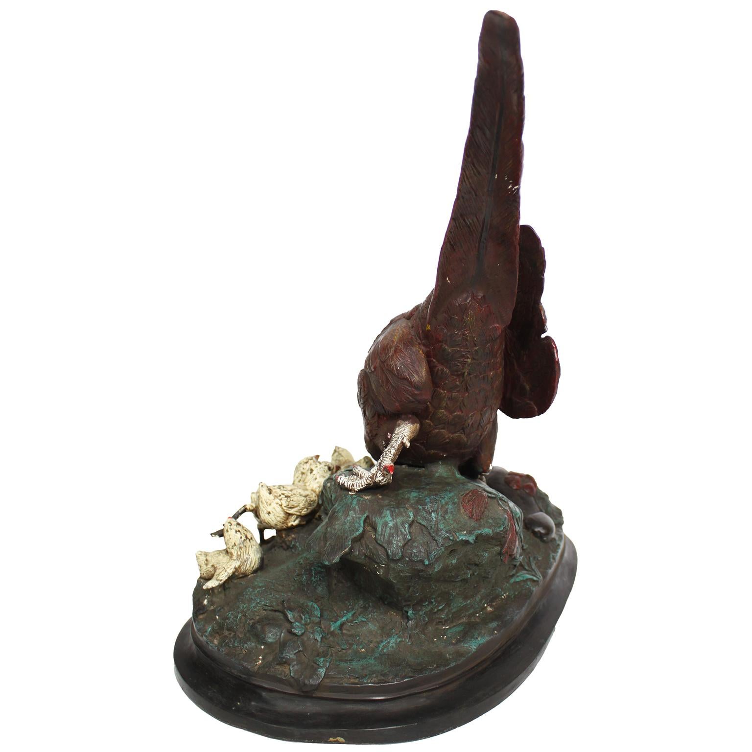 Large Cold Painted Vienna Style Bronze of A Pheasant with its chicks In Good Condition For Sale In Los Angeles, CA