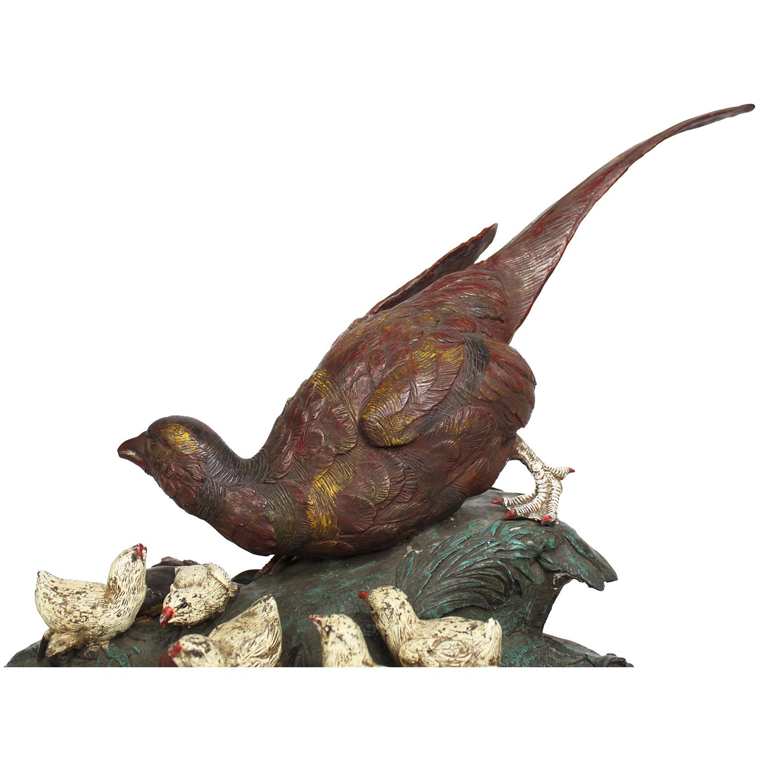 20th Century Large Cold Painted Vienna Style Bronze of A Pheasant with its chicks For Sale
