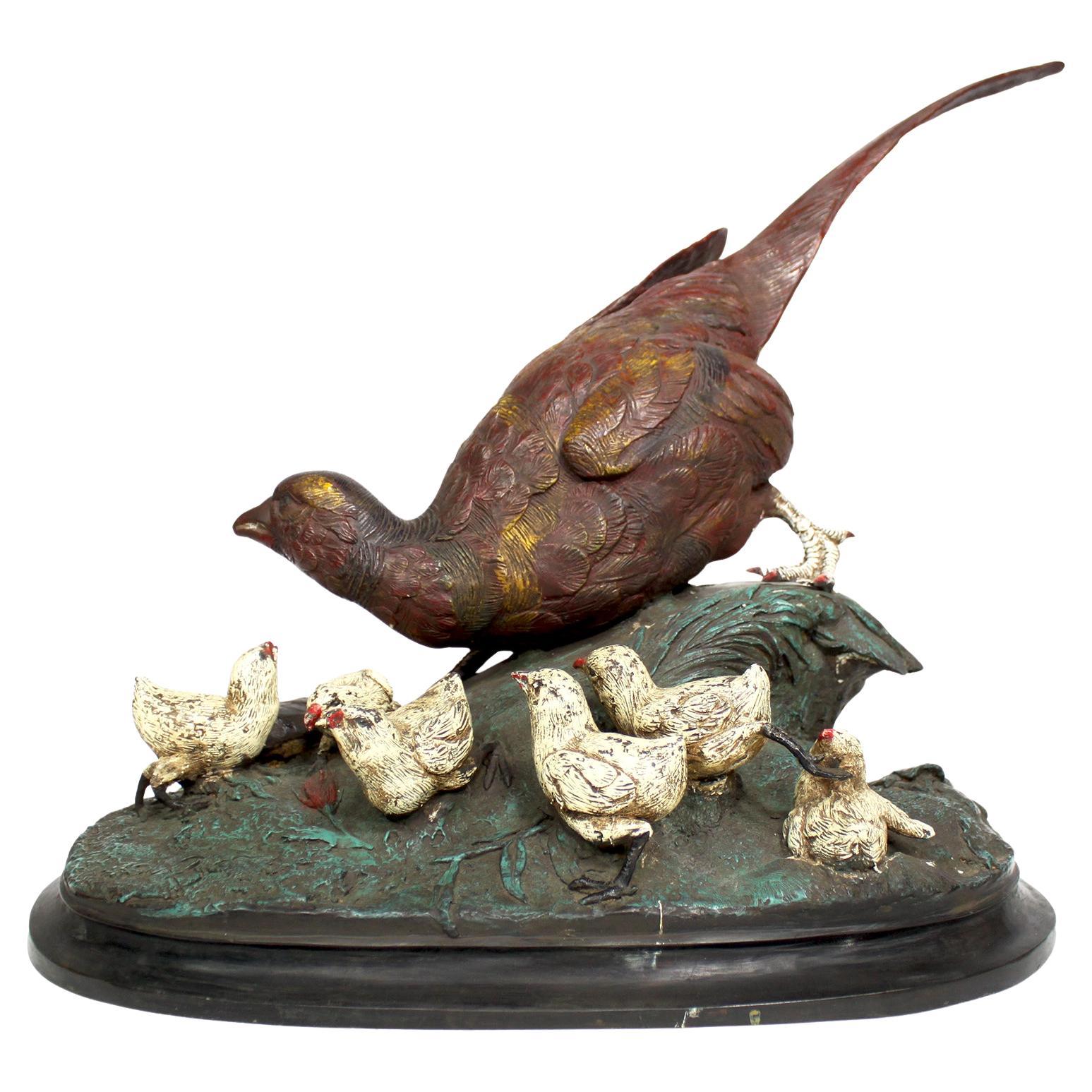 Large Cold Painted Vienna Style Bronze of A Pheasant with its chicks For Sale