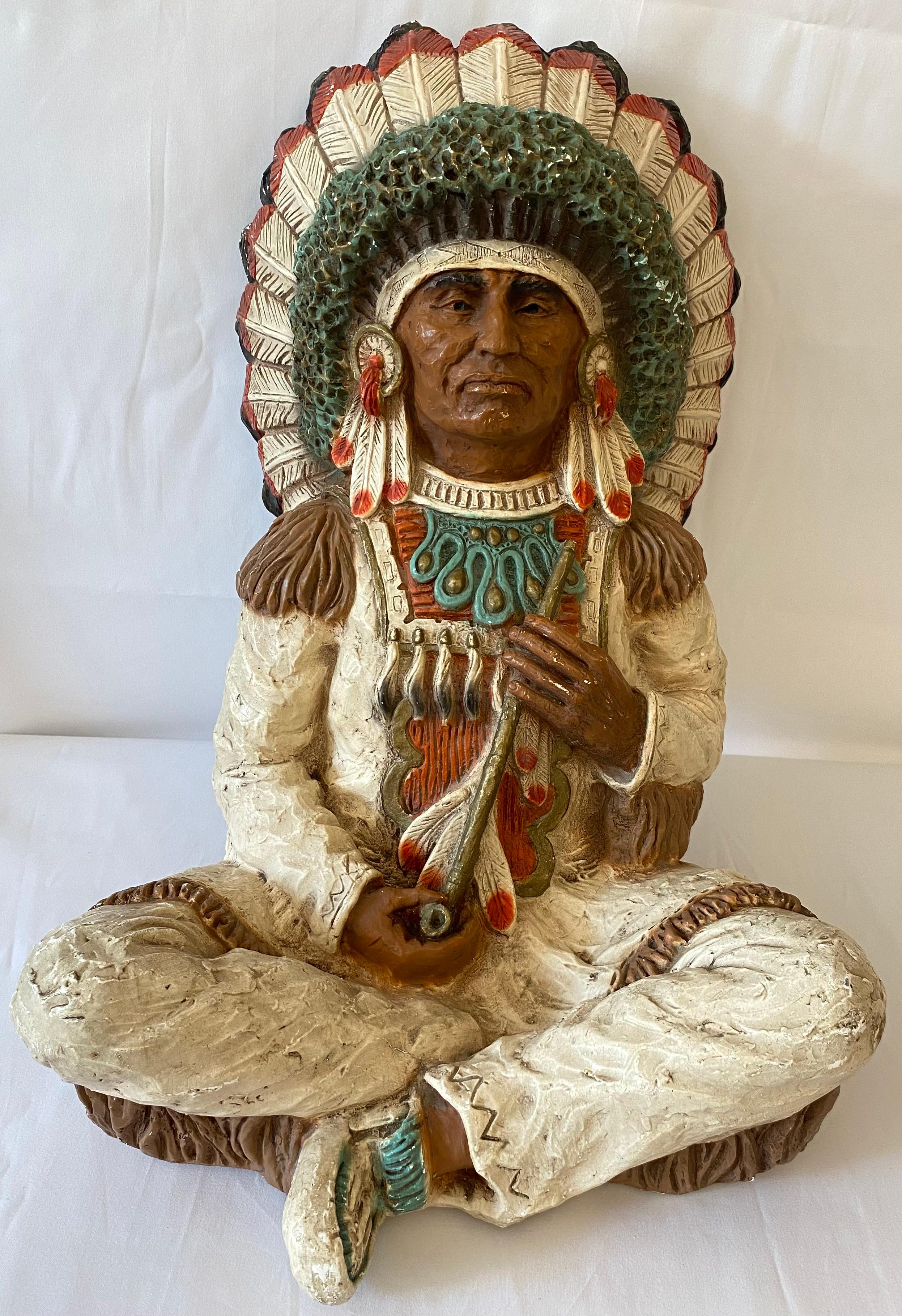 Plaster Large Collectible Native American Indian Chief Sculpture Signed Vaughn Kendrick