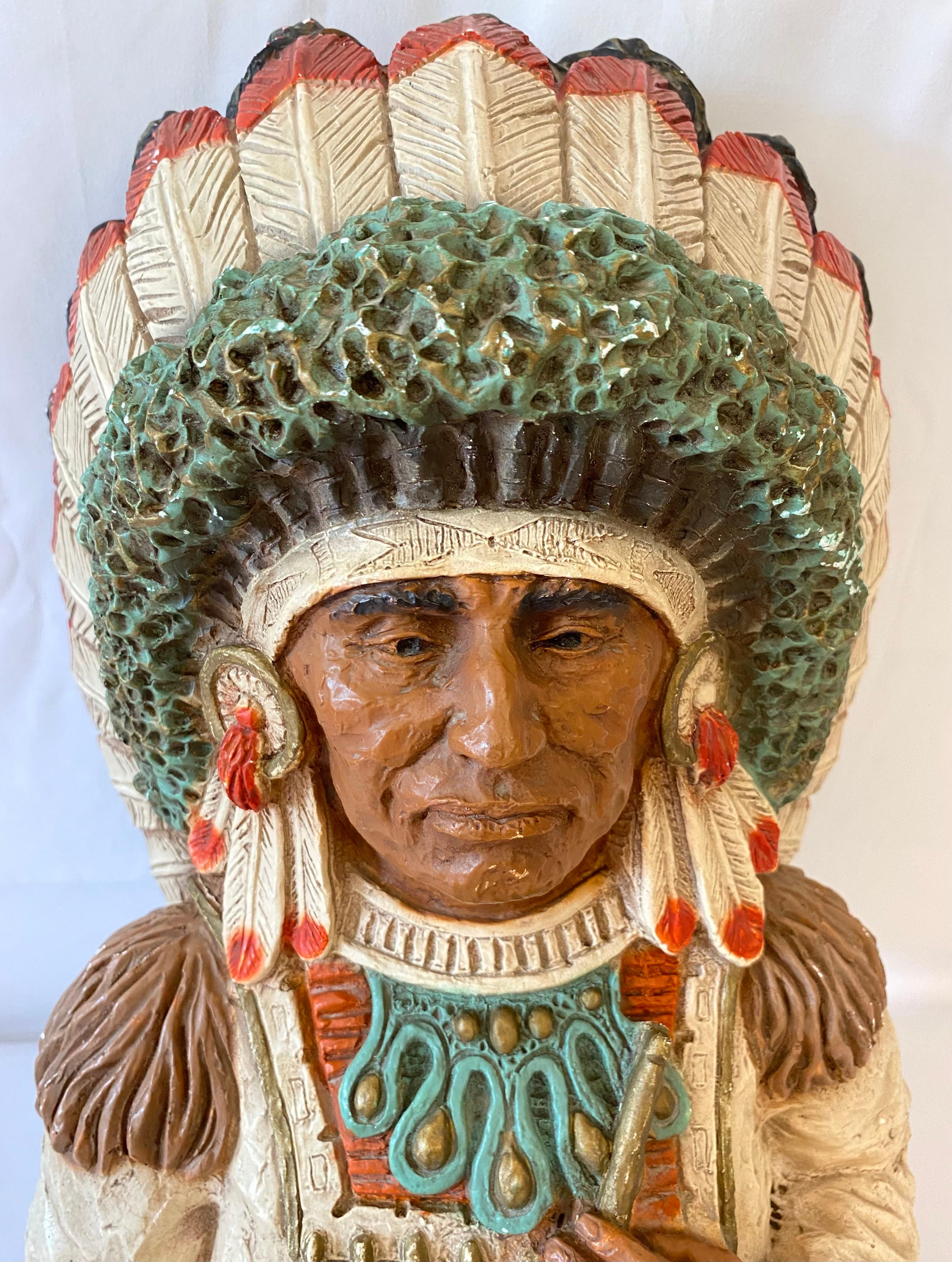 Artfully crafted by Universal Statuary Corp this collectible Native American Indian sculpture or statue will look great in any western setting or as an educational accessory for children. Designed by Vaughn Kendrick in 1973. 
Signed.

Striking