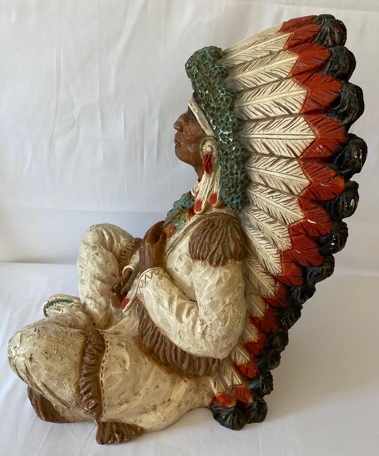 Large Collectible Native American Indian Chief Statue Signed Vaughn