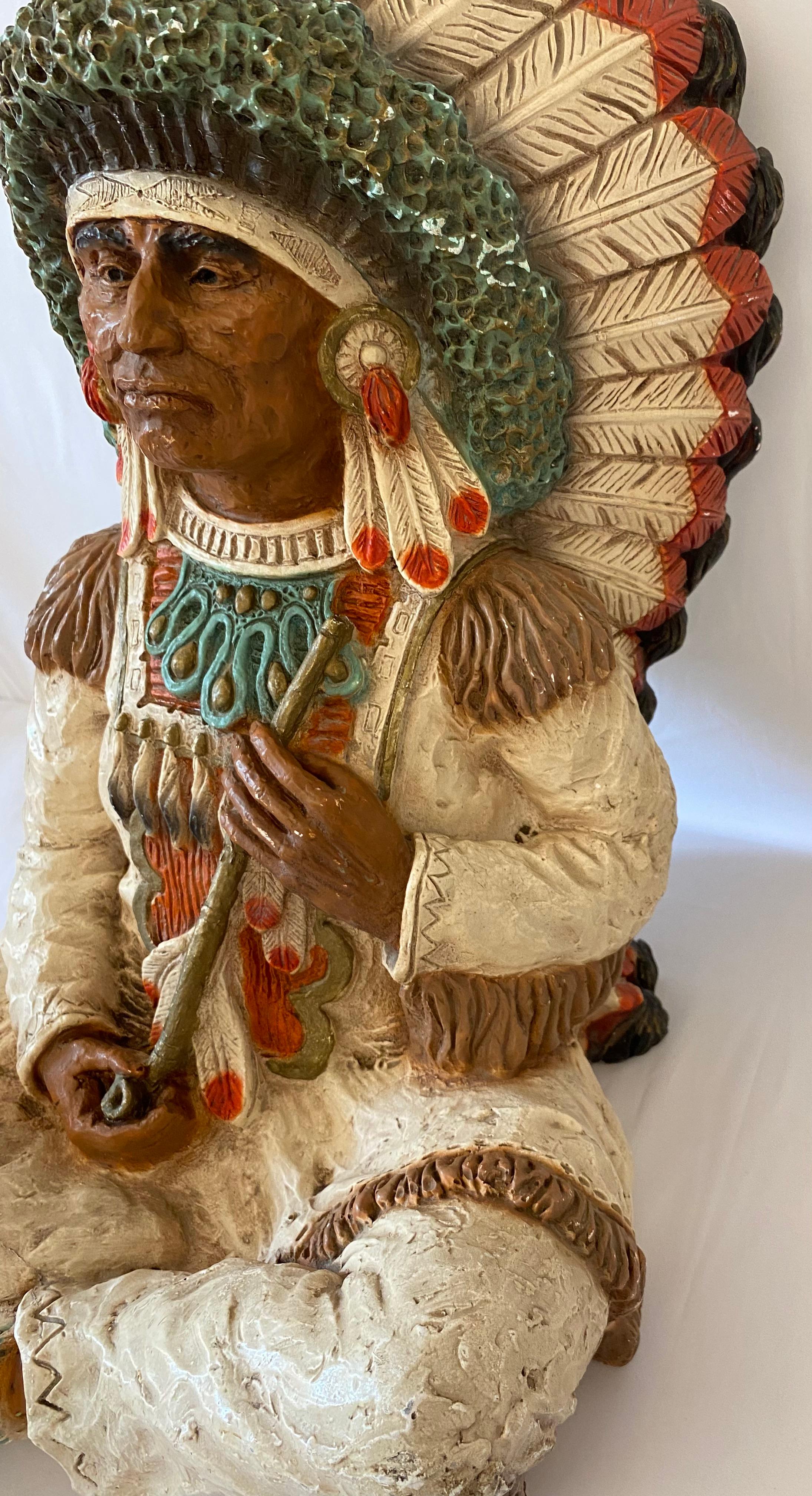 Painted Large Collectible Native American Indian Chief Sculpture Signed Vaughn Kendrick
