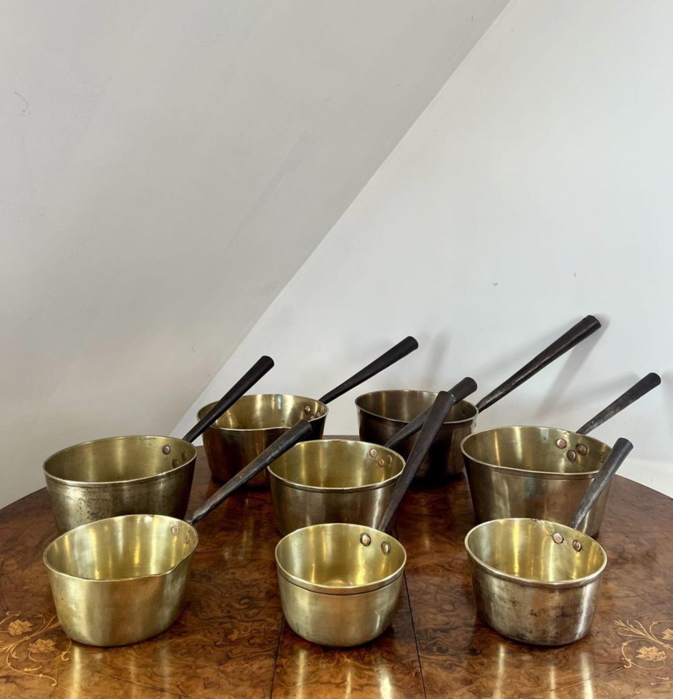 19th Century Large collection of antique Victorian heavy brass saucepans  For Sale