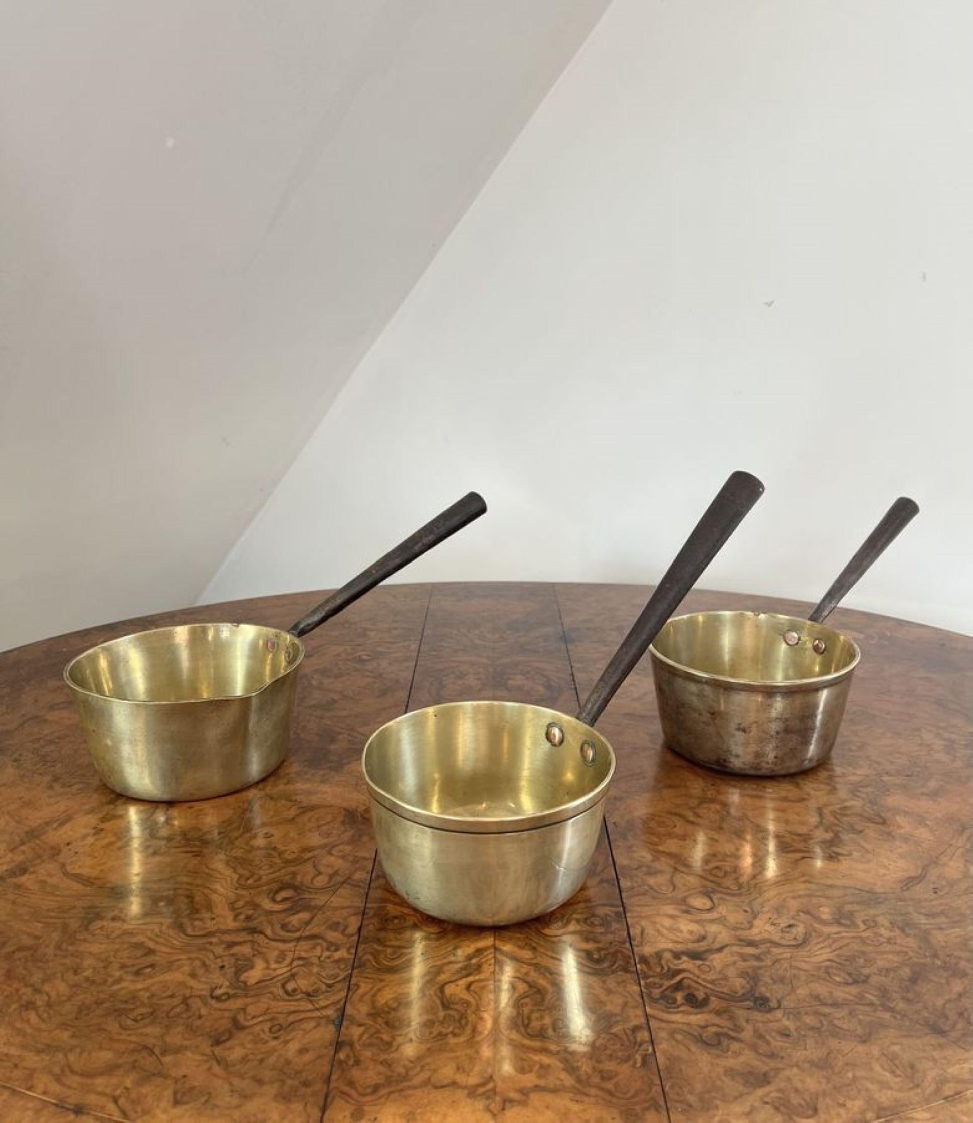 Large collection of antique Victorian heavy brass saucepans  For Sale 1