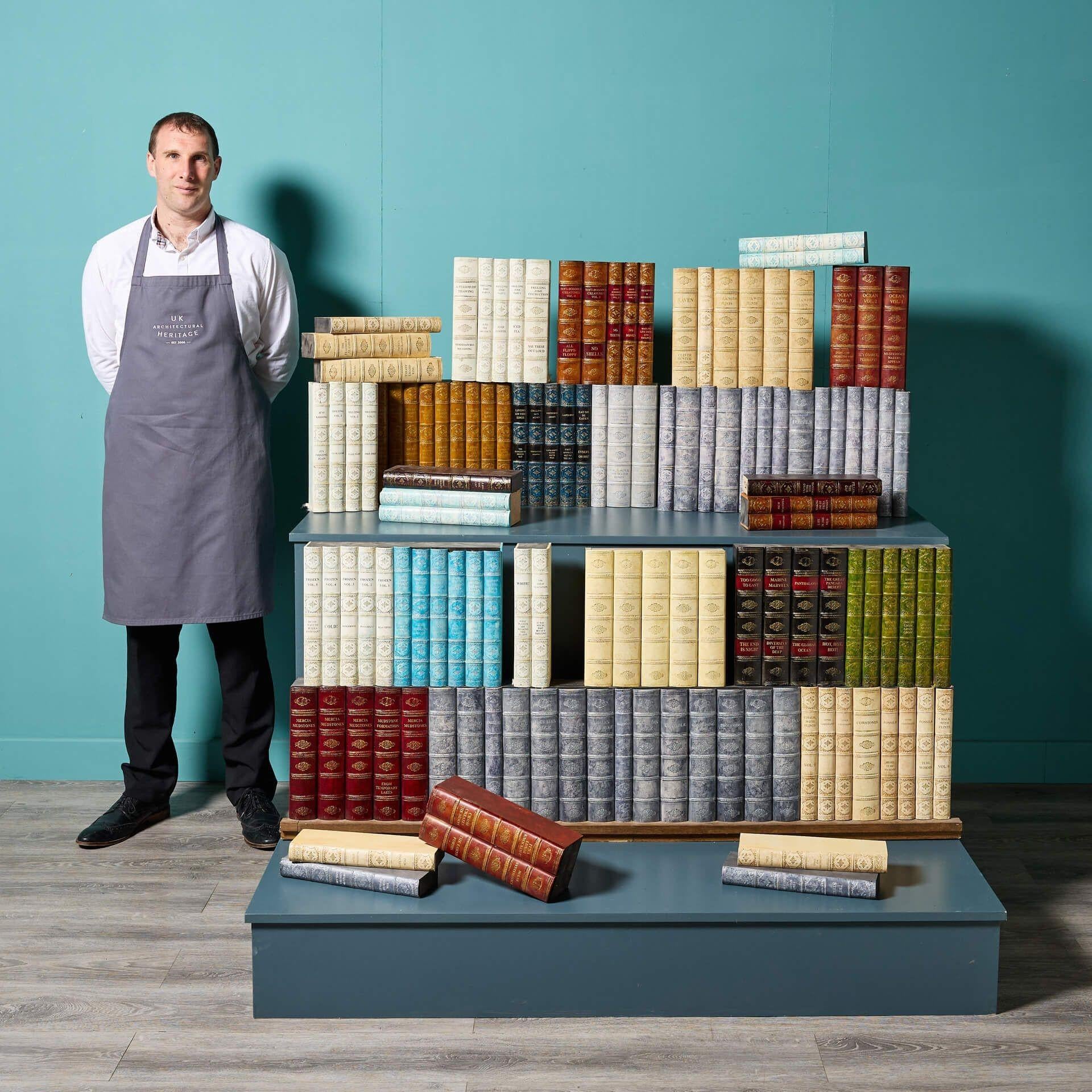 A spectacular 6m total run of late 20th century faux antique books, reclaimed from a museum exhibition. Arranged in runs of various sizes as pictured, the groups vary from single books to the longest run of 27 books which are affixed to a wooden