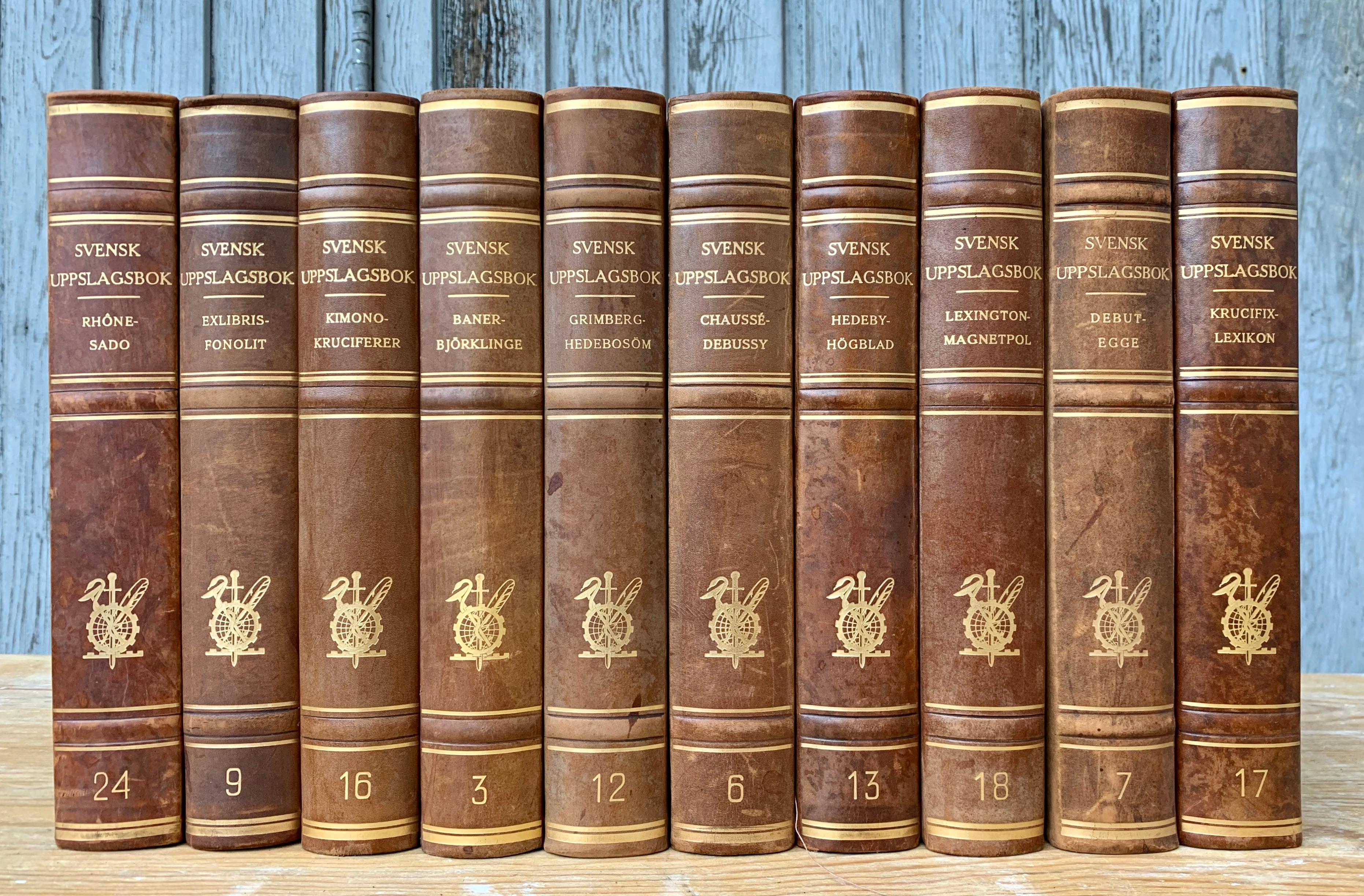 A collection of 15 sets of 10 large tall-size decorative Swedish leather-bound books from the 1950s.