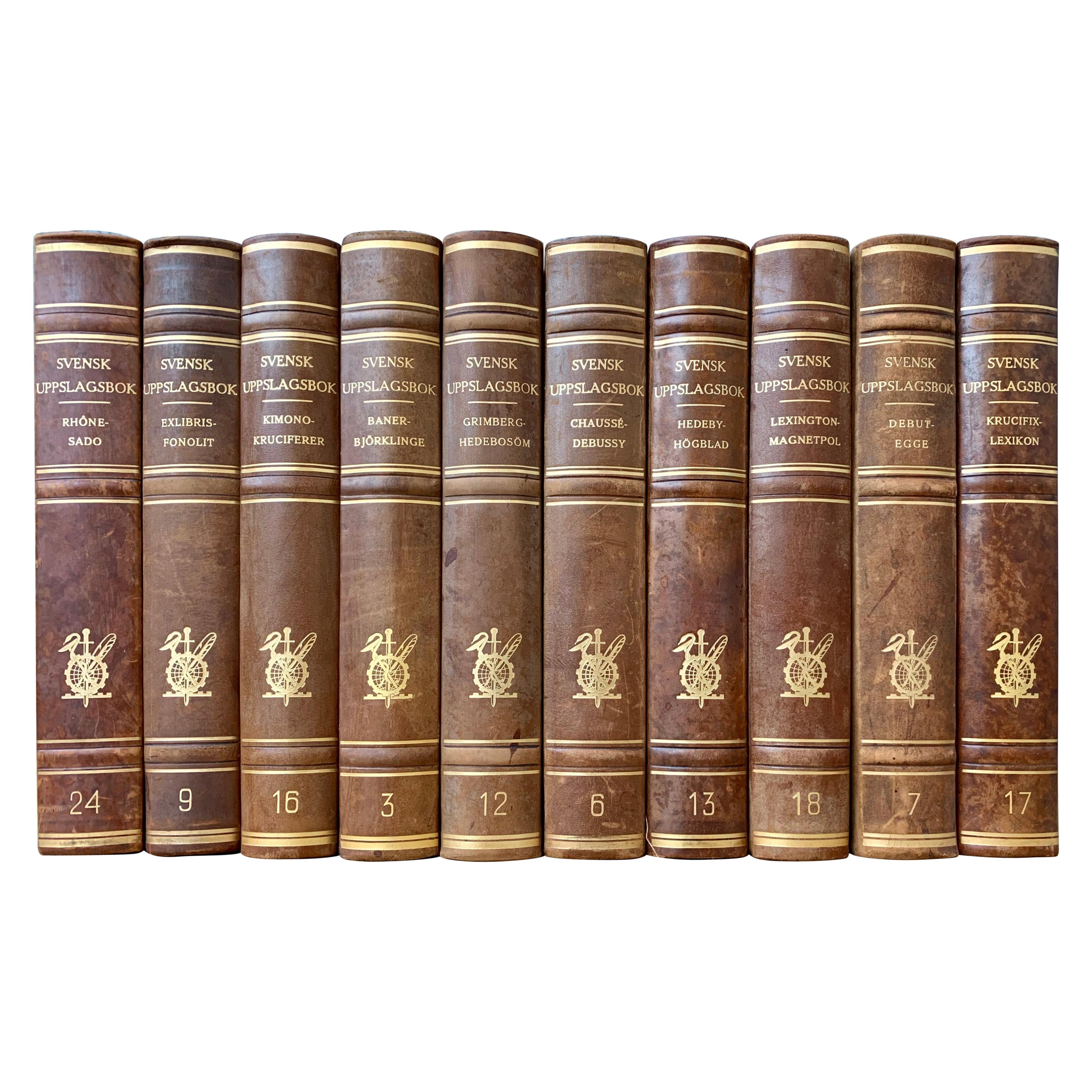 Large Collection of Tall Decorative Scandinavian Antique Leather-Bound Books For Sale