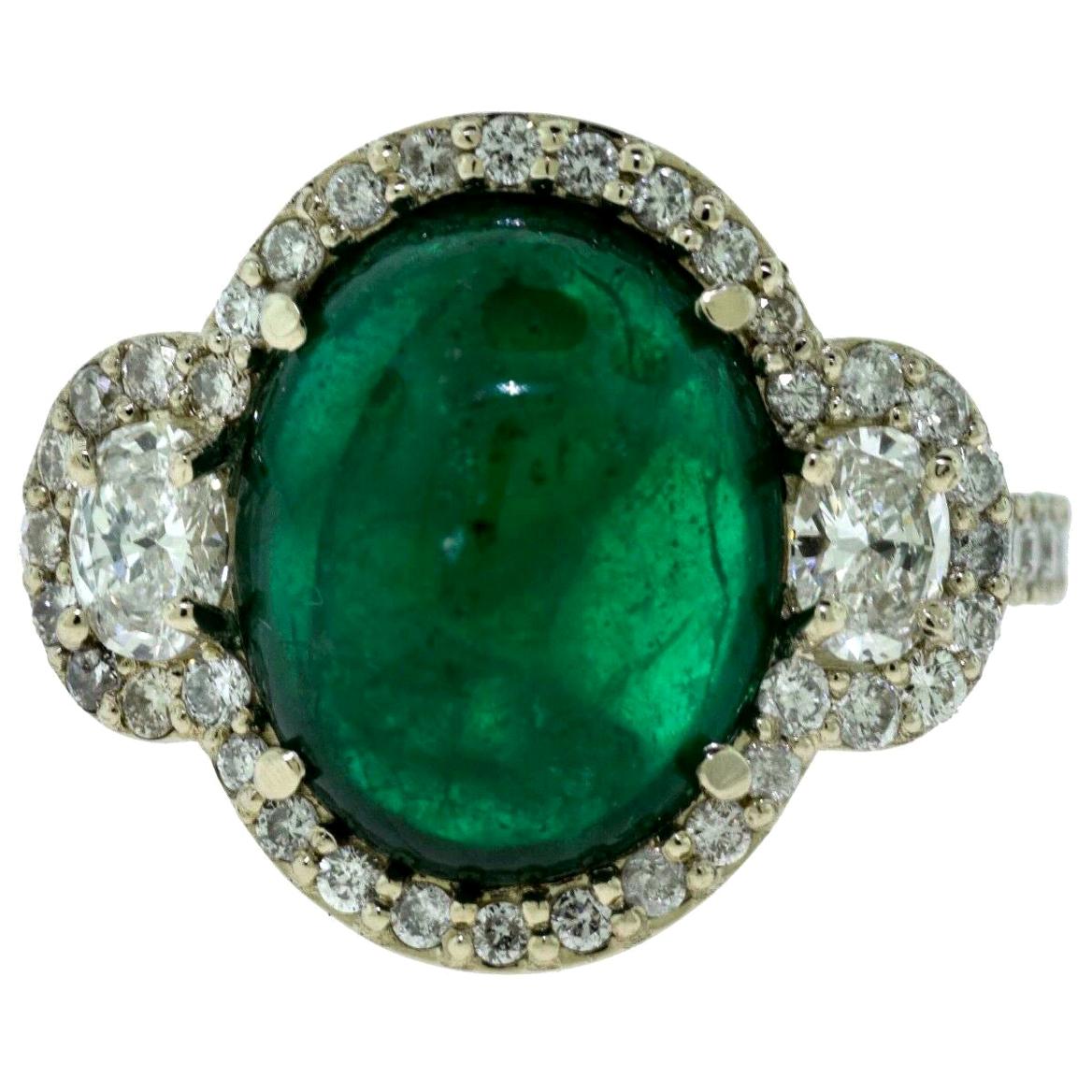 Large Colombian Emerald Cabochon Cocktail Ring with Diamonds in White Gold For Sale