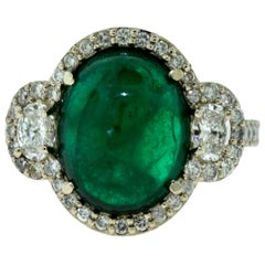 Large Colombian Emerald Cabochon Cocktail Ring with Diamonds in White Gold