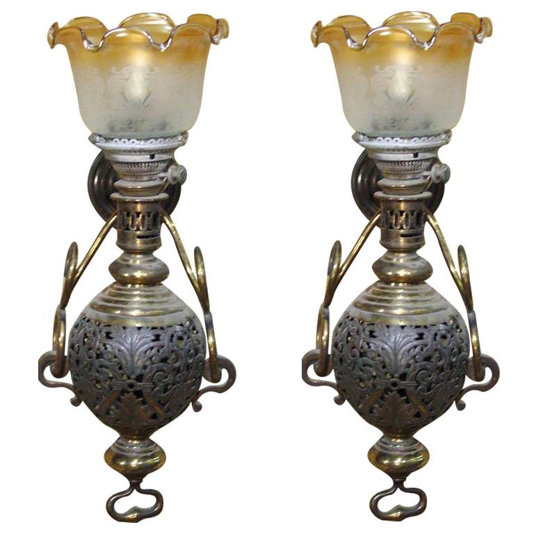 Large Colonial Style Hurricane Wall Lamp, Pair